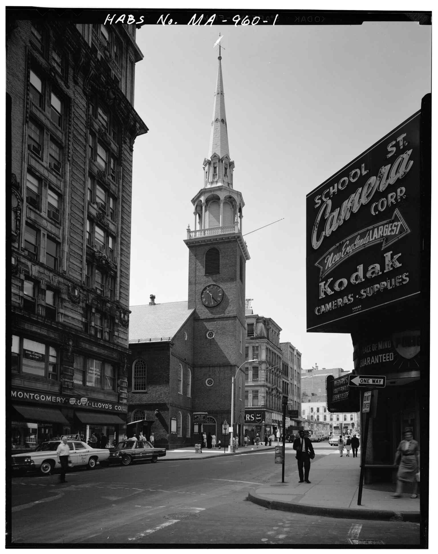 This 1933 streetscape shows the Meeting House on Washington Street, where thousands once gathered to debate British taxation.