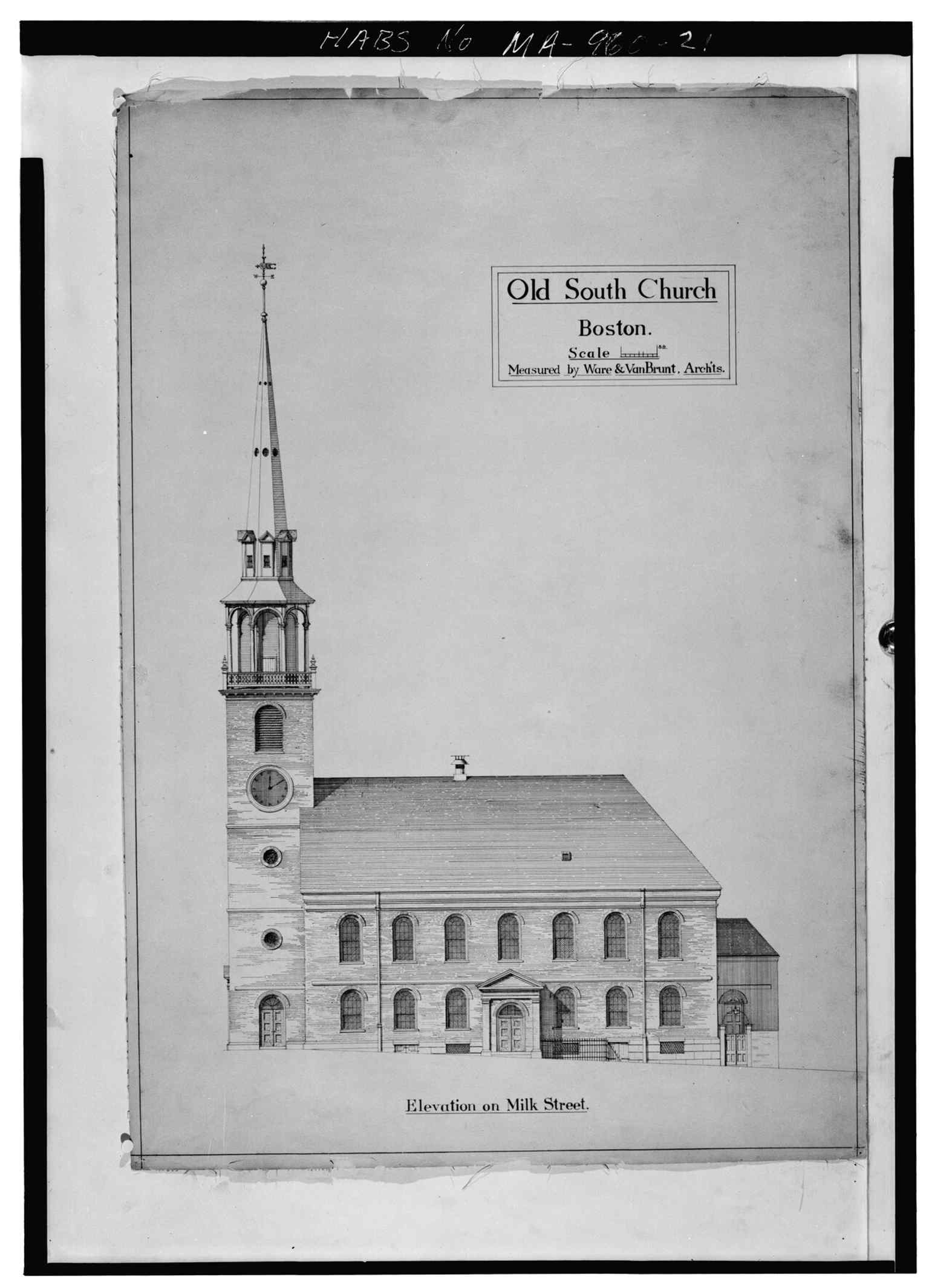 Milk Street elevation of the church, tying the landmark to its exact corner at Milk and Washington Streets.