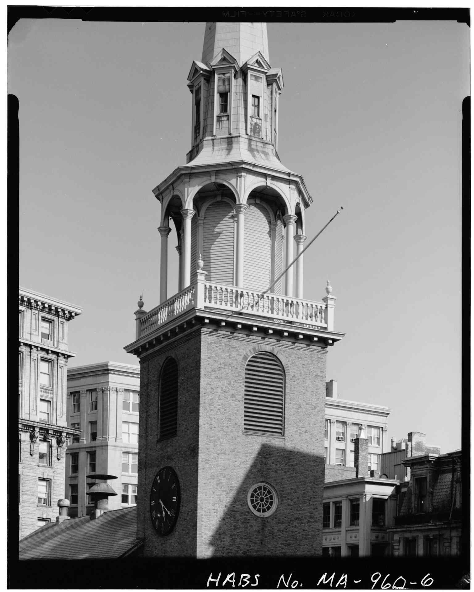 A close look at the tower’s central stage, part of the 183-foot steeple that made the meeting house a Boston landmark.