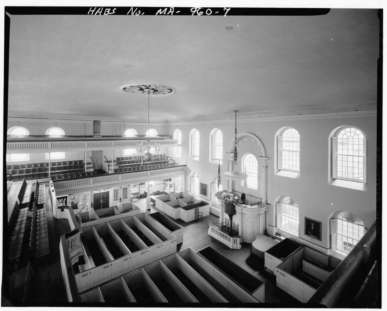 Inside the meeting house, where a capacity crowd gathered in 1773 before the Boston Tea Party.