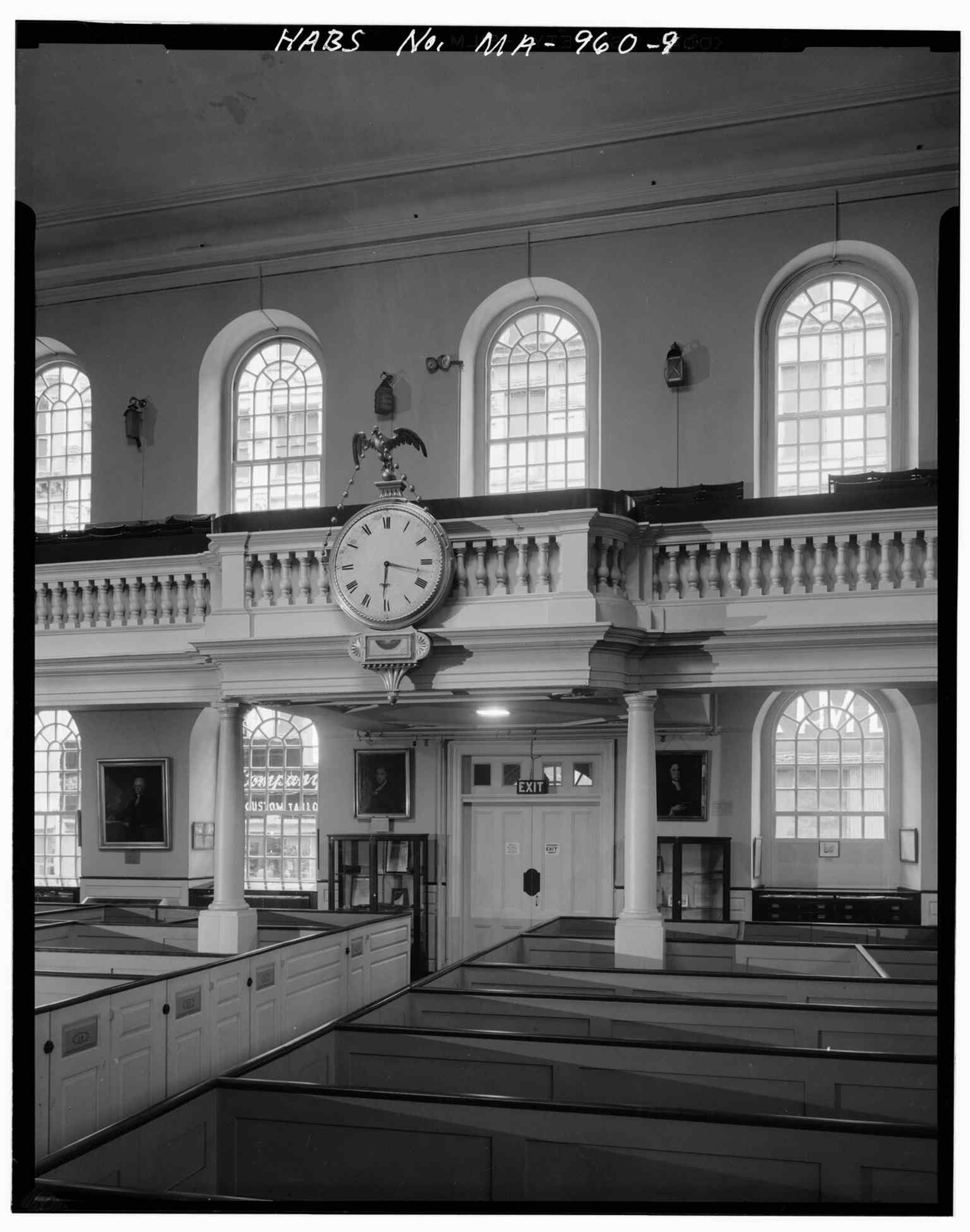 The south gallery opposite the pulpit shows the seating layout of the old church interior.