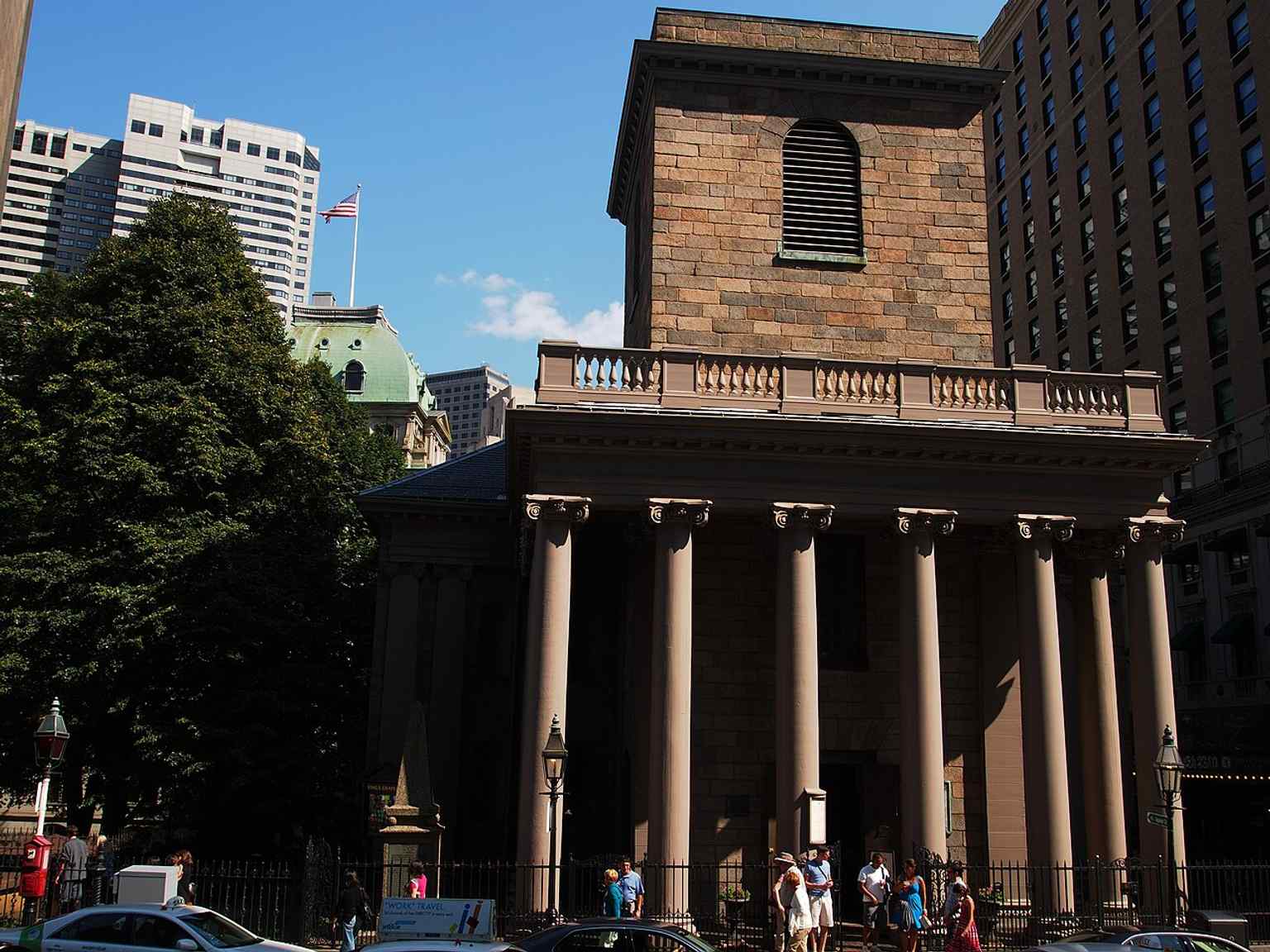 The stone chapel’s classic front façade, the 1754 building designed by Peter Harrison after the earlier wooden church was dismantled inside it.