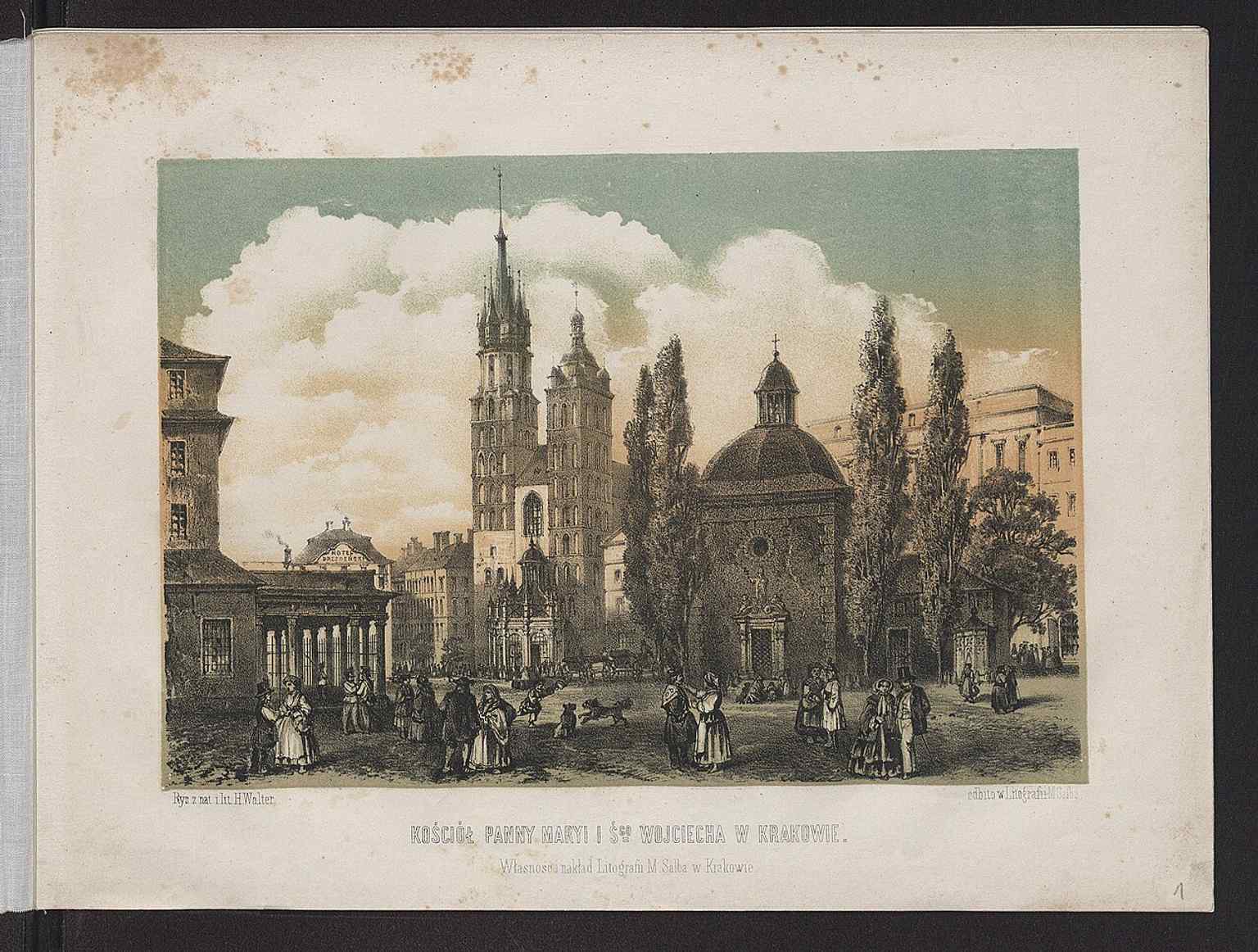 This 1862 printed view places St. Adalbert in historic Kraków, reflecting the church’s place in the city’s earliest documented urban landscape.