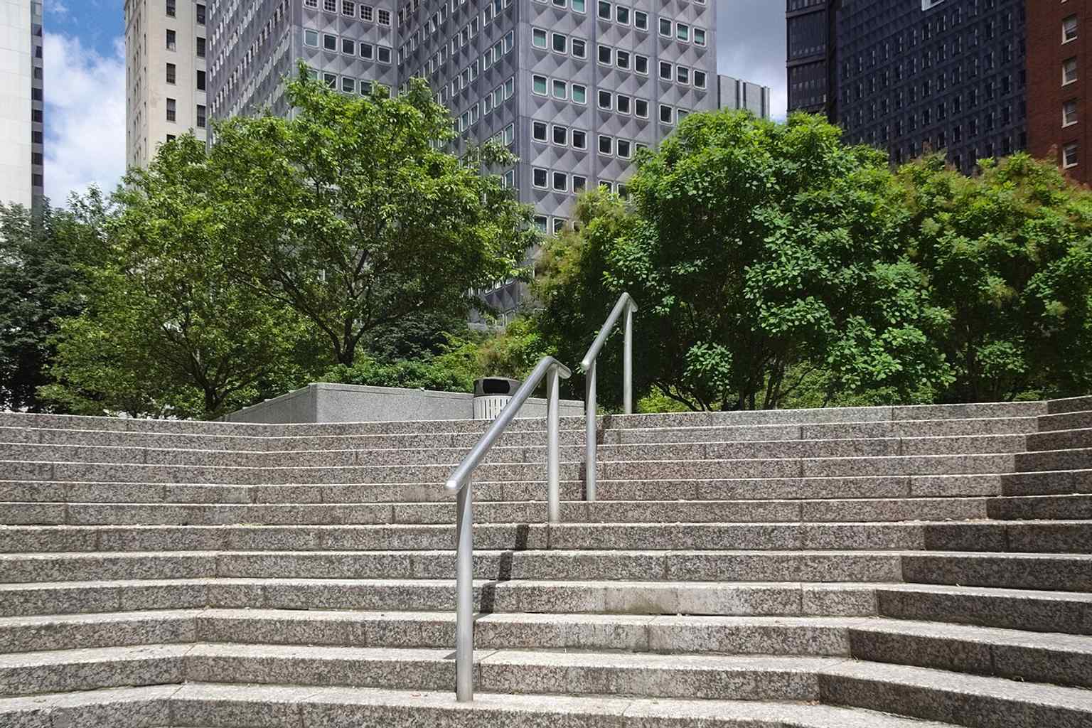 Steps leading up to Mellon Square, an urban oasis in Downtown Pittsburgh, known as the first Modernist park built above a parking garage.