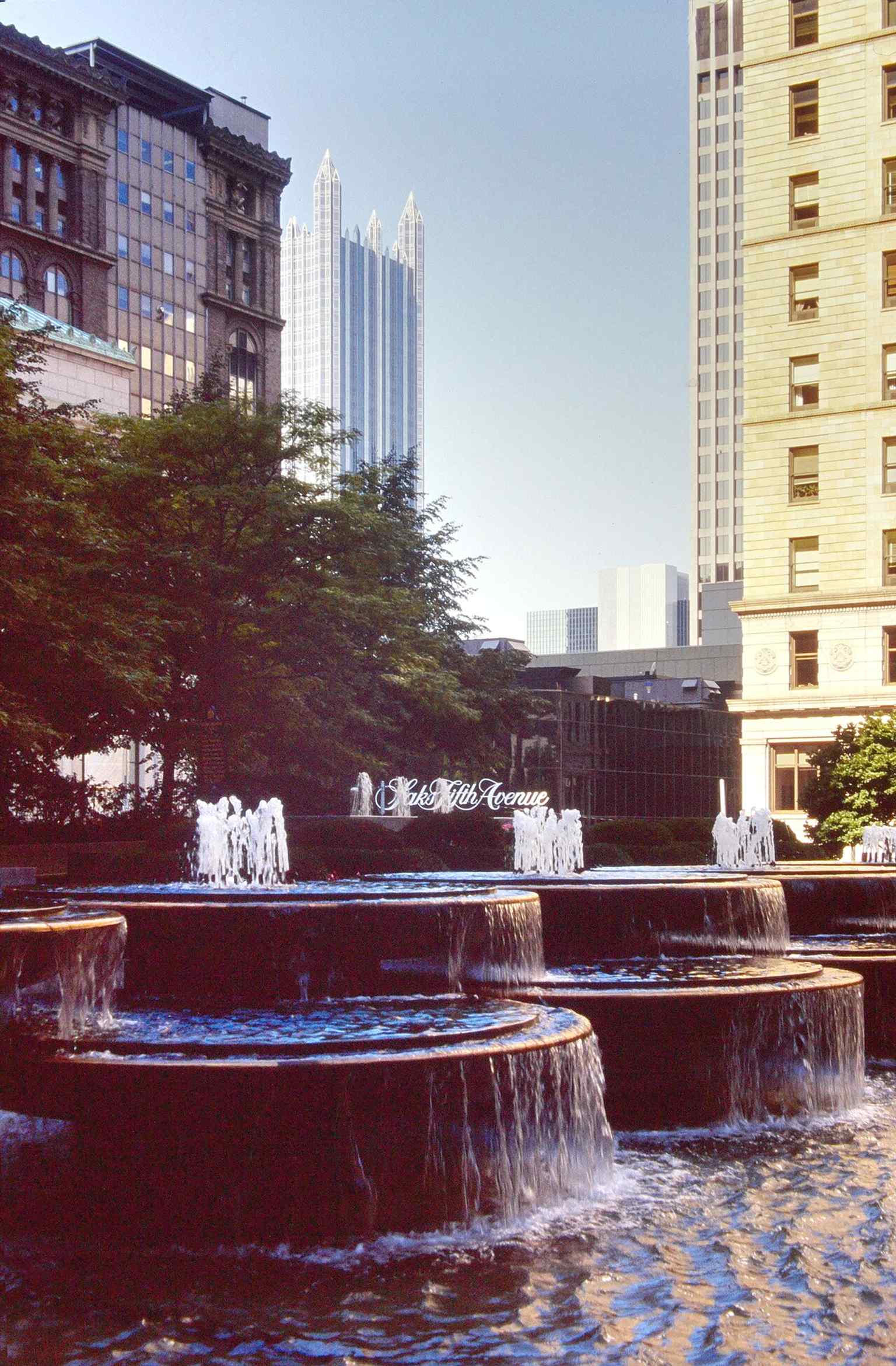 One of Mellon Square's prominent fountains. The nine circular bronze basins for the block-long fountain were the largest ever cast when the square opened in 1953.