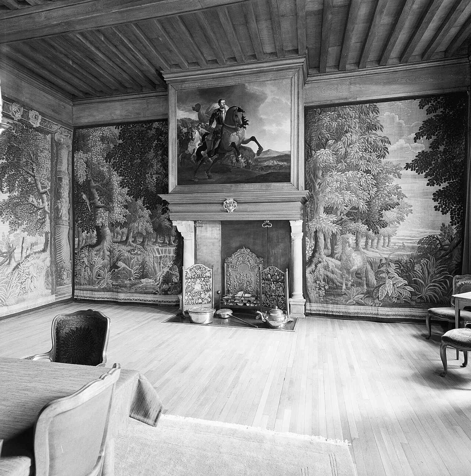 A close view of the 17th-century tapestries and chimneypiece in the Regentenzaal. These four tapestries, created in 1642 by Maximiliaan van der Gucht, are celebrated as unique Dutch cultural heritage.