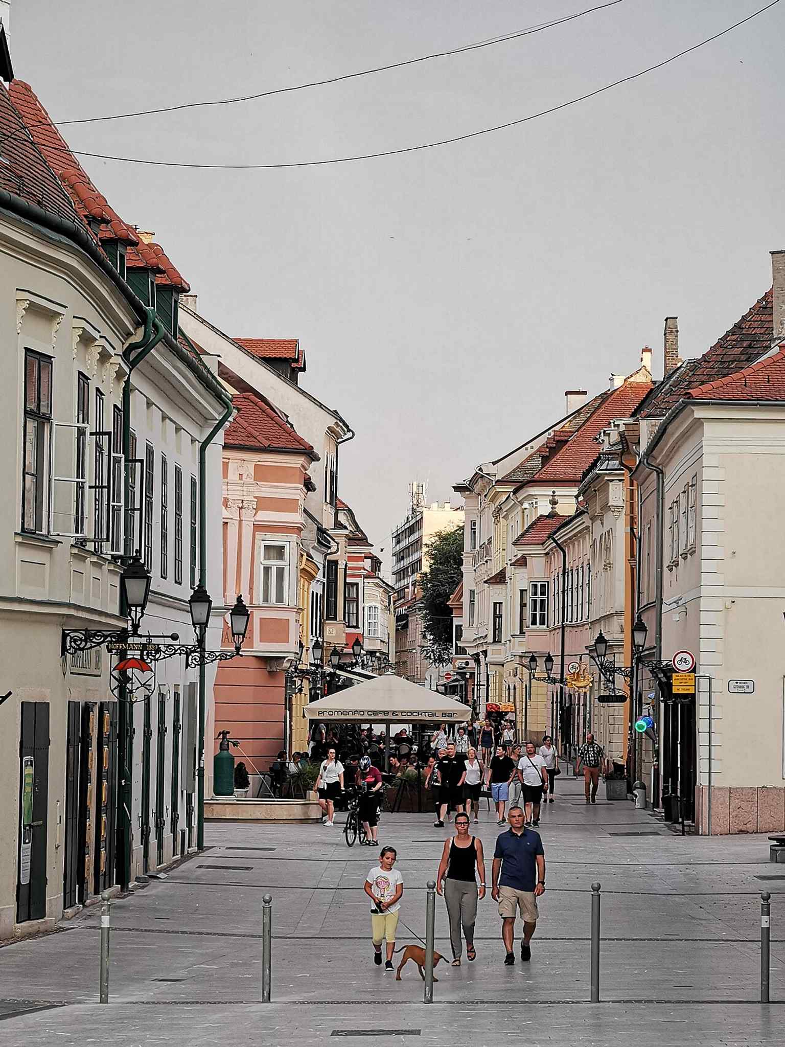 A close street-level view of the numbered houses along Jedlik Ányos Street, where baroque and later façades line the promenade.