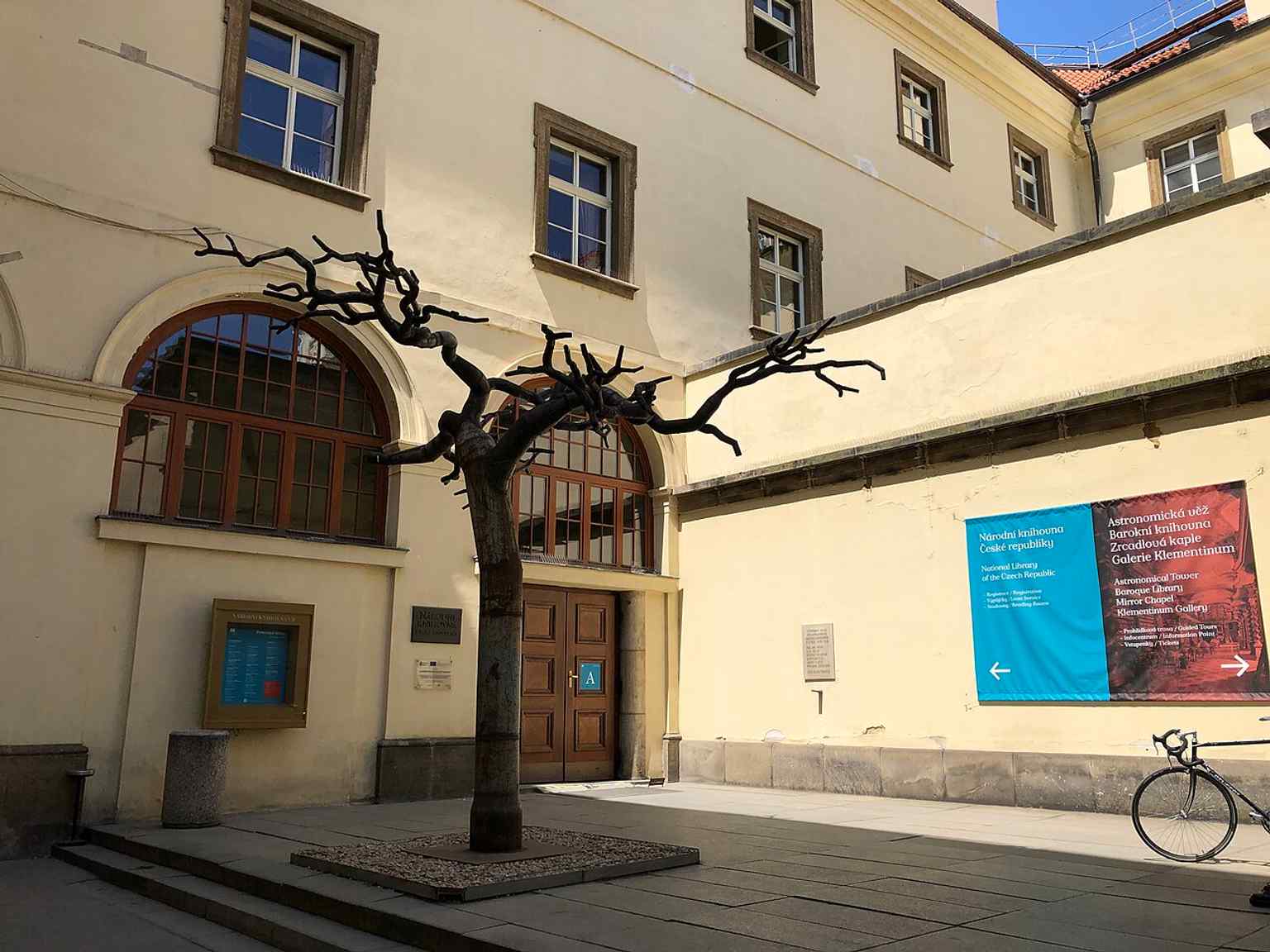 The main entrance welcomes visitors to the National Library of the Czech Republic, the largest and central library in the Czech Republic, housed in the historic Klementinum.