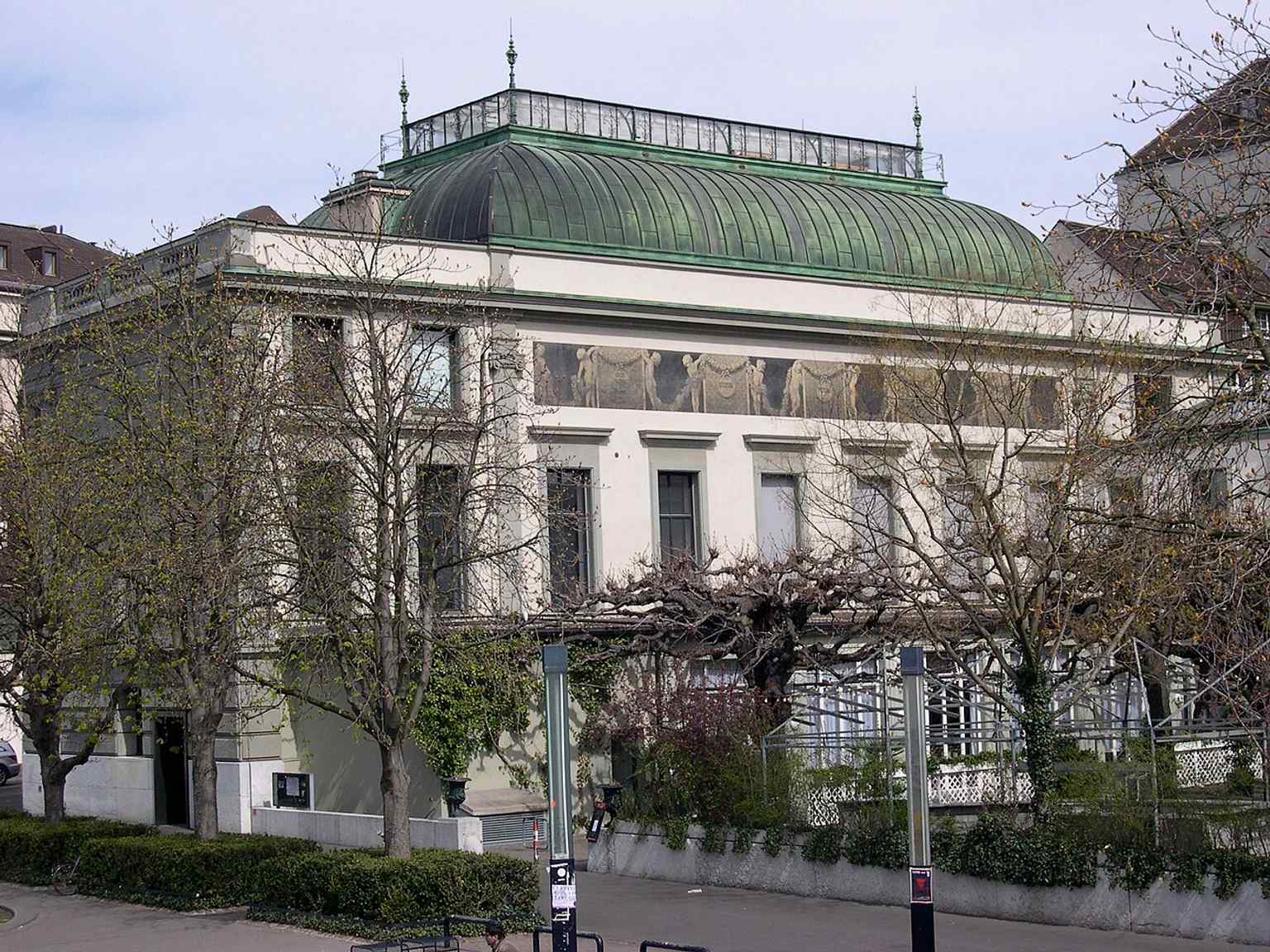 A clear front view of Kunsthalle Basel, the oldest kunsthalle in Switzerland, showing the neoclassical building that opened in 1872.
