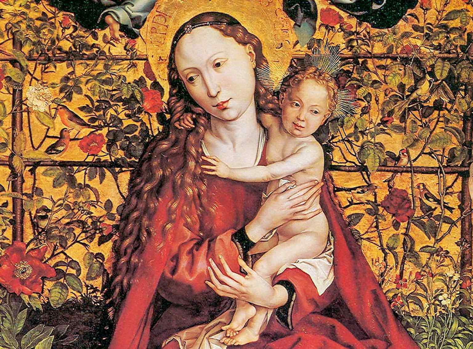 Martin Schongauer Madonna in Rose Garden with birds (detail)