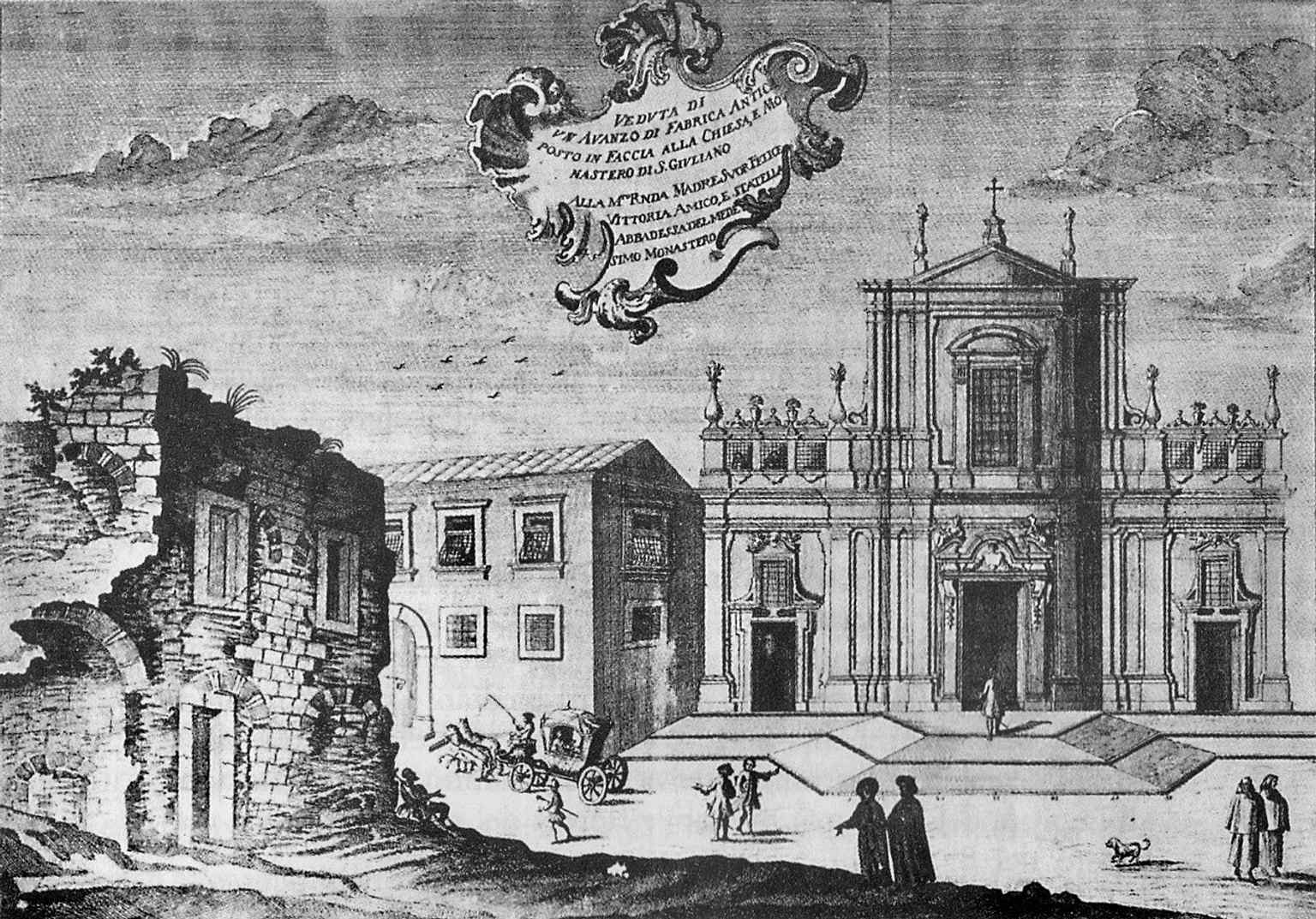 An 18th-century view of the San Giuliano façade in Via dei Crociferi, showing the monastery complex before later changes after the earthquakes.