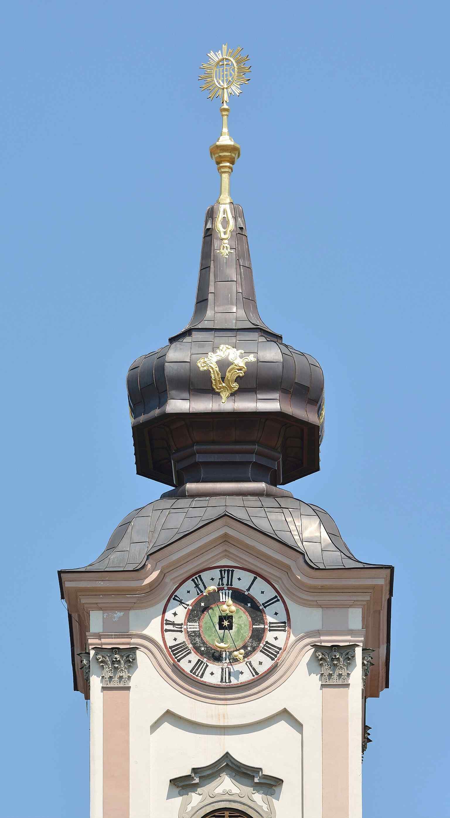 Close-up of one of the twin towers, which were completed in the 17th century and later heightened in the 18th century.