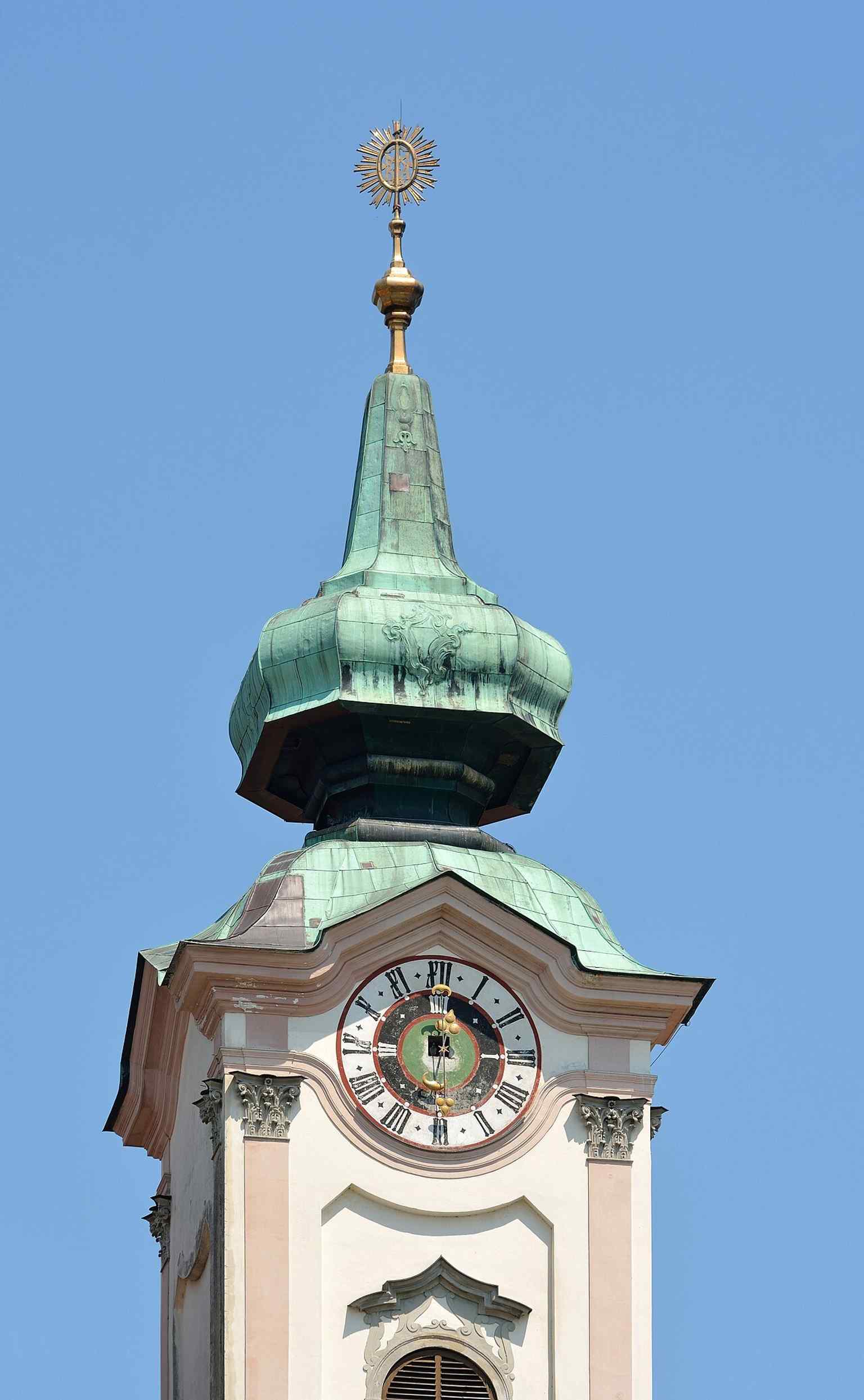 A matching close-up of the second tower, useful for showing the church’s symmetrical Baroque façade.