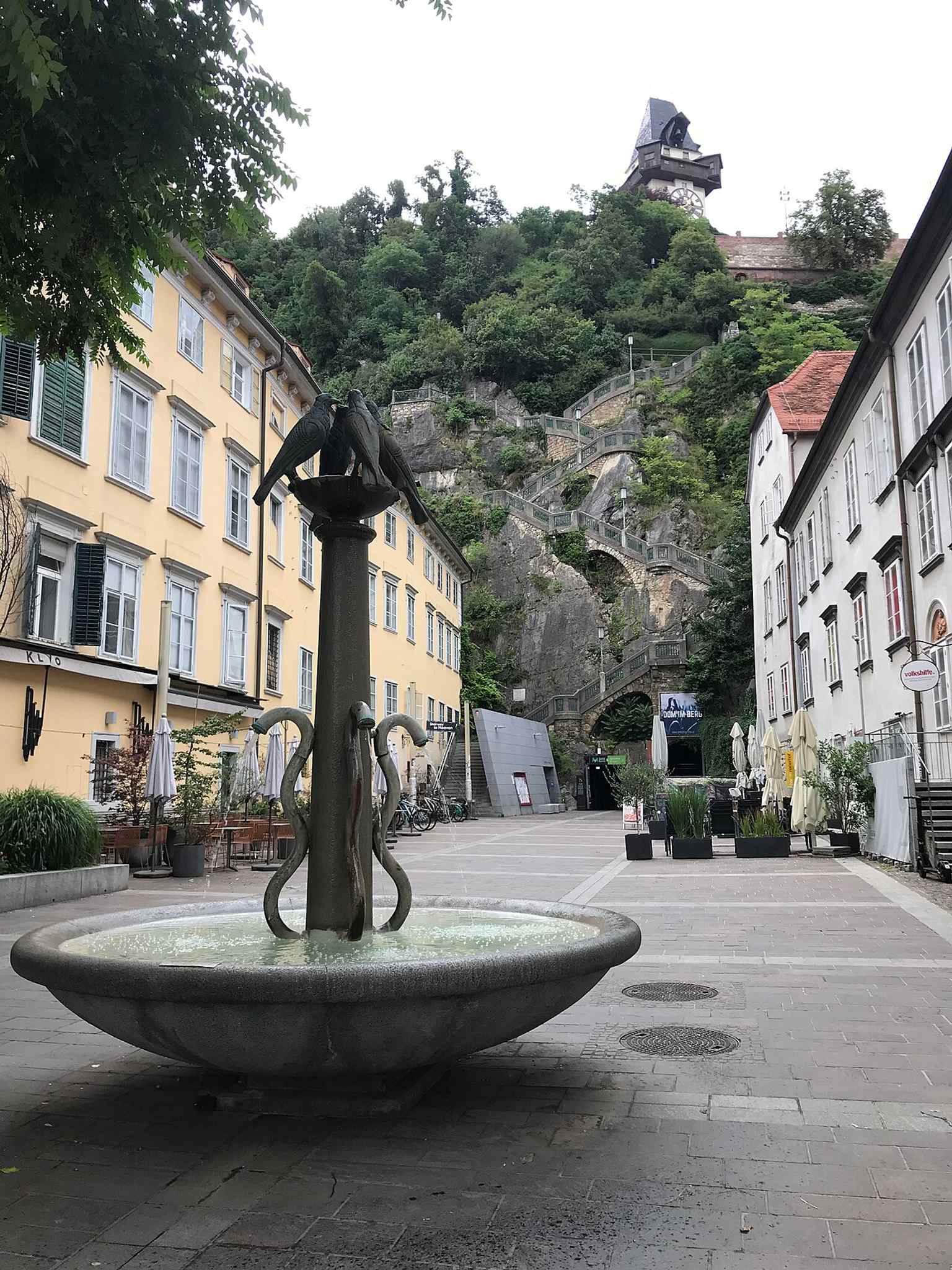 A recent view of Schloßbergplatz that helps show its present-day look as a pedestrian urban space in Graz.
