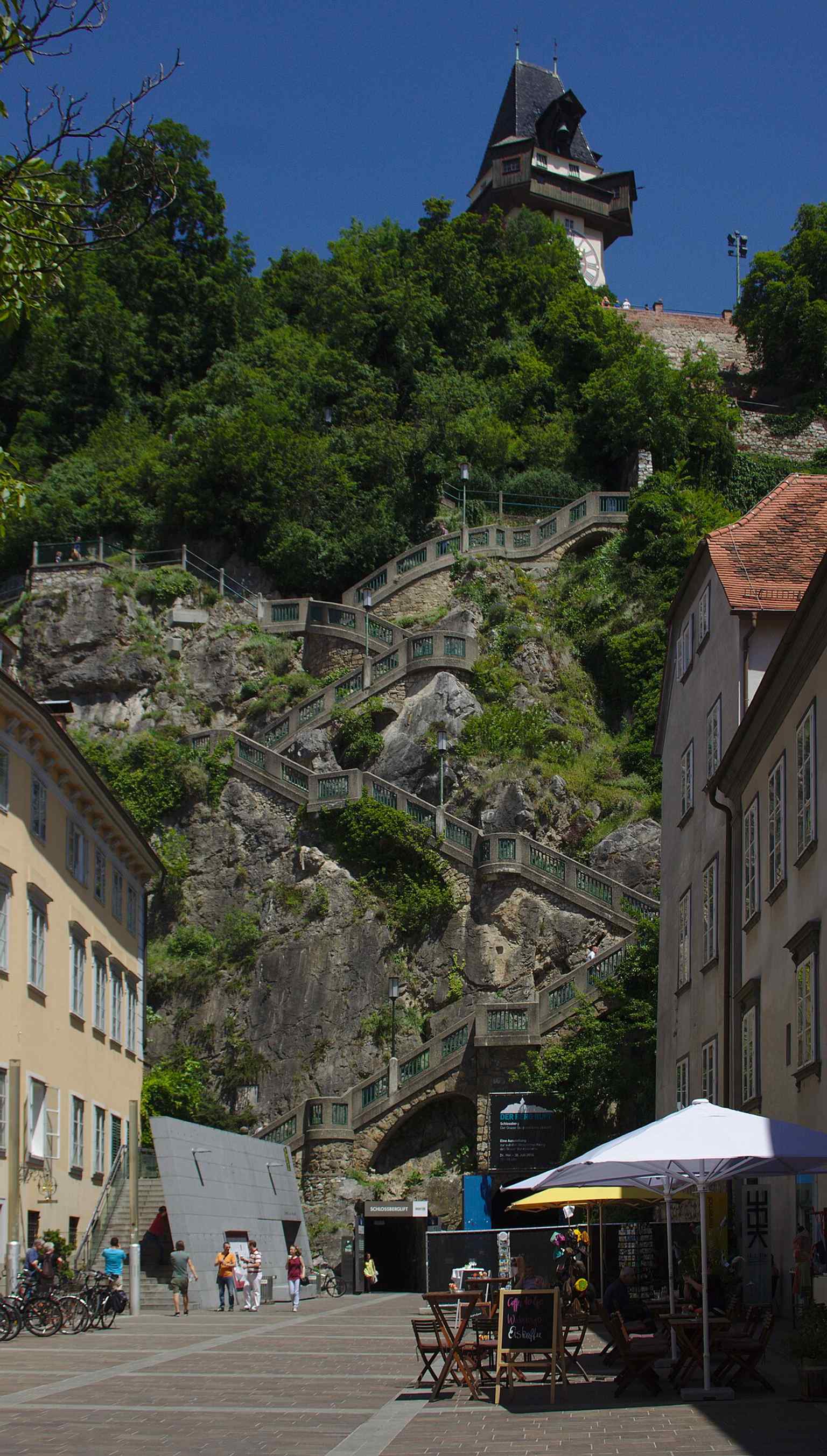 A close look at the Kriegssteig steps and retaining walls, showing the engineered stair system built through the hill.