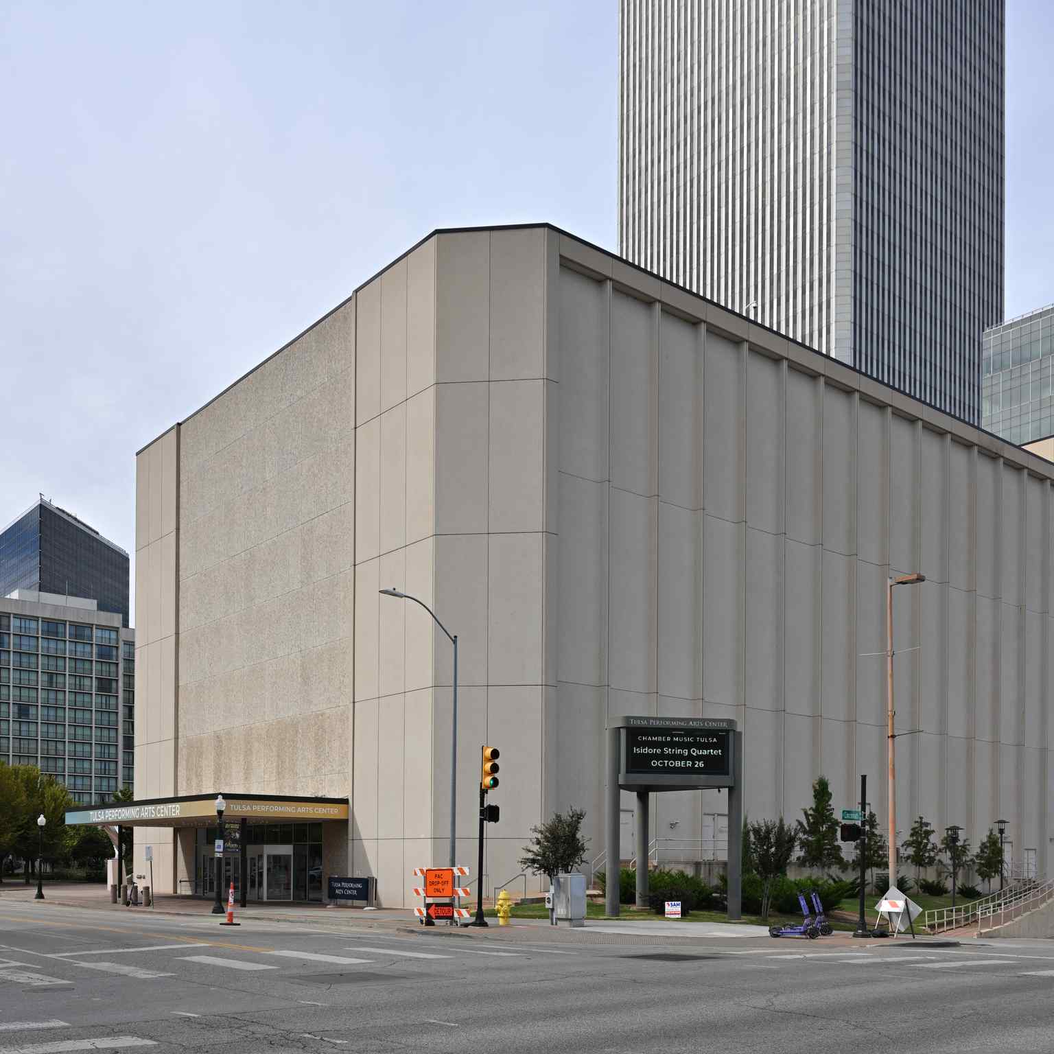 The imposing exterior of the Tulsa Performing Arts Center, designed in a Brutalist style by Minoru Yamasaki, who also designed the former World Trade Center Towers.