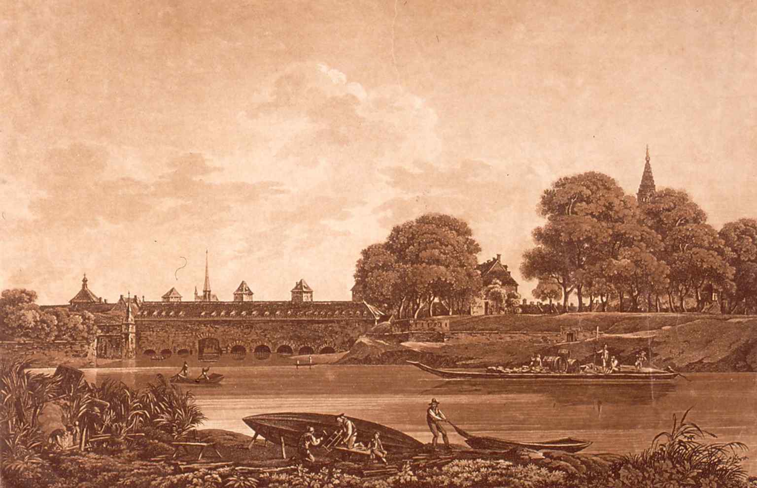 An early view of the dam from 1750, showing the fortress work long before it became a monument and public terrace.