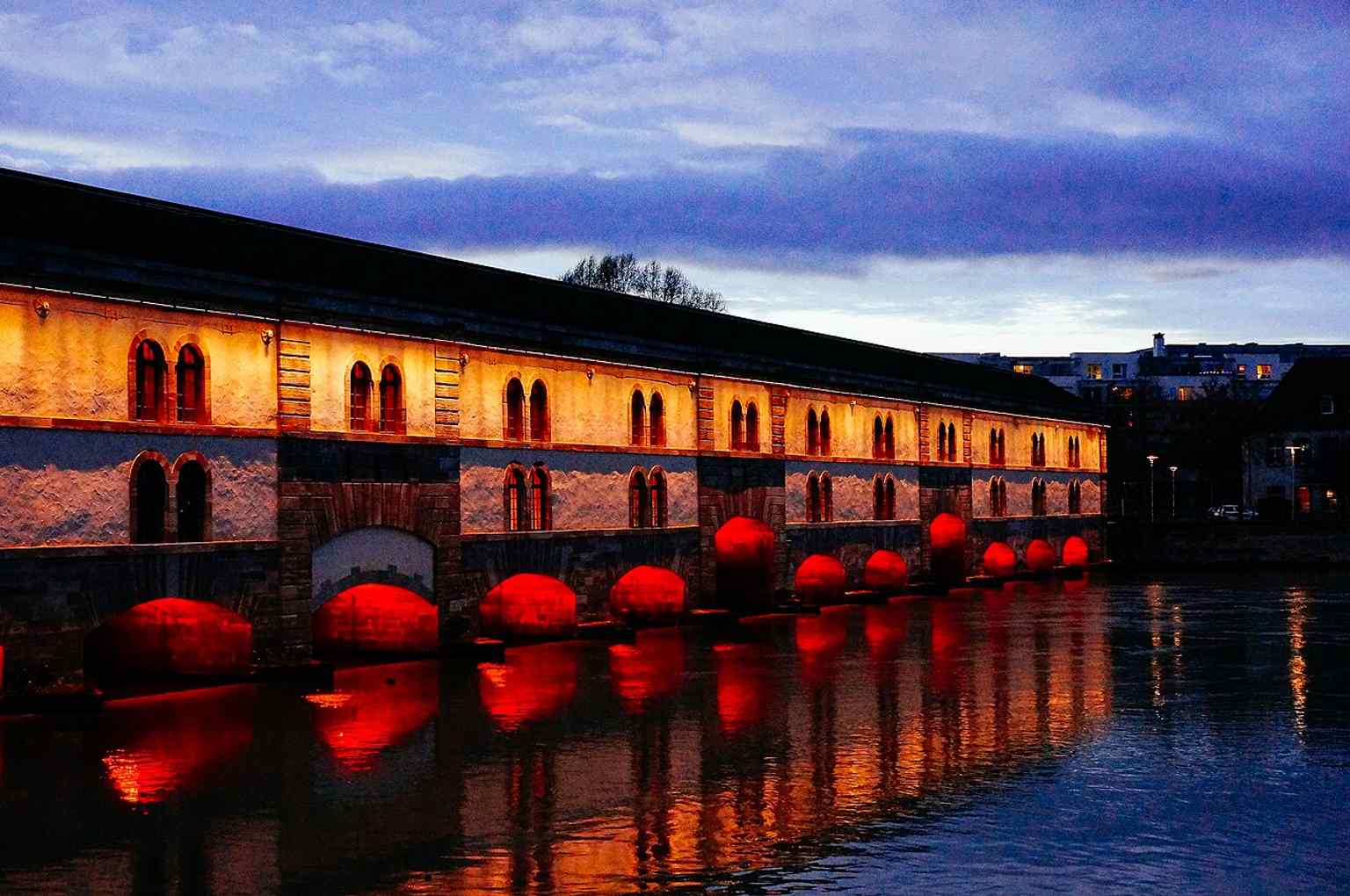 A clean modern view of the Barrage Vauban on the Ill, useful for explaining its role in the Strasbourg fortifications.