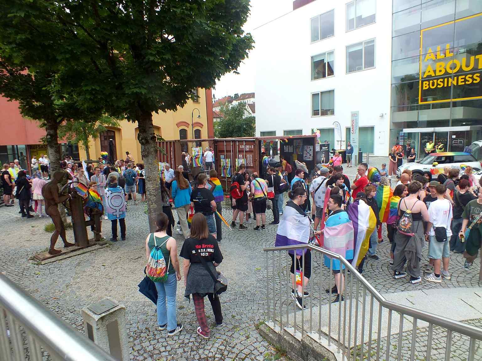 Another view of the 2025 Pride gathering at the museum, showing the building as a meeting place for diverse communities.