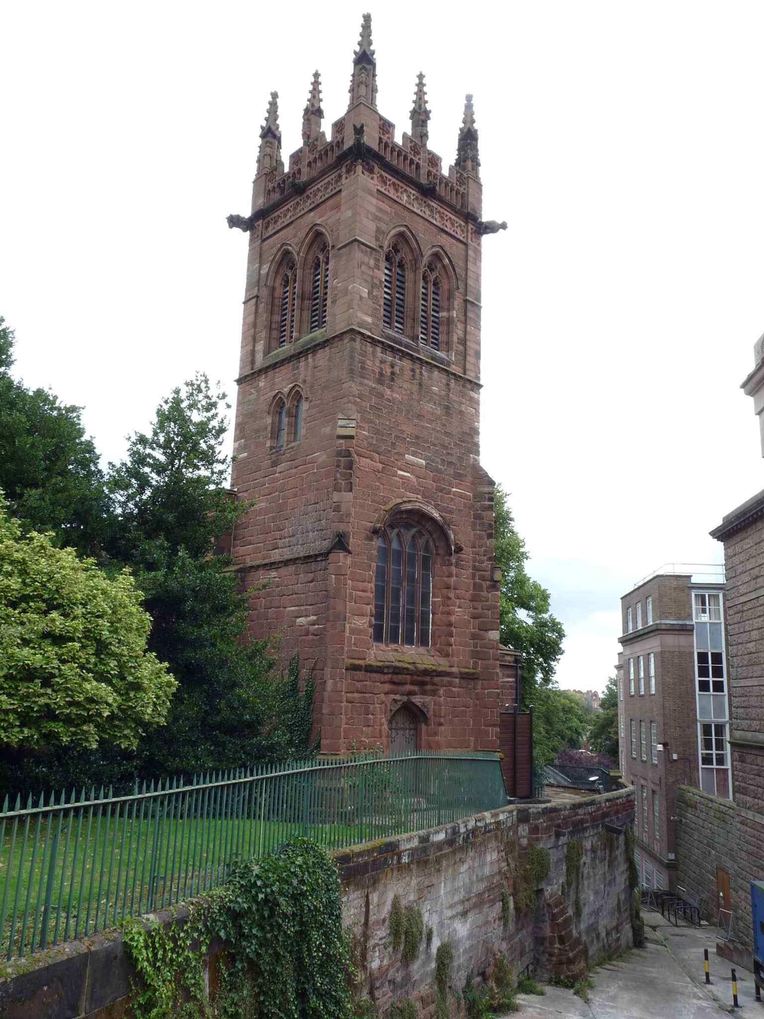 The west tower of St Mary’s Creative Space, seen from the narrow passage by Chester Castle — this former church has stood here since the medieval period.