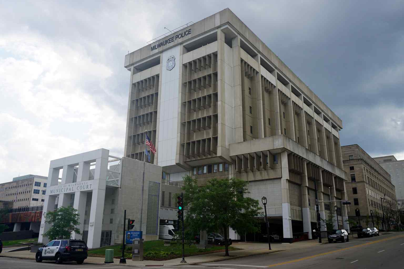 The Milwaukee Police Department administration building, from which the department, founded in 1855, manages its seven districts and approximately 1,800 sworn officers.