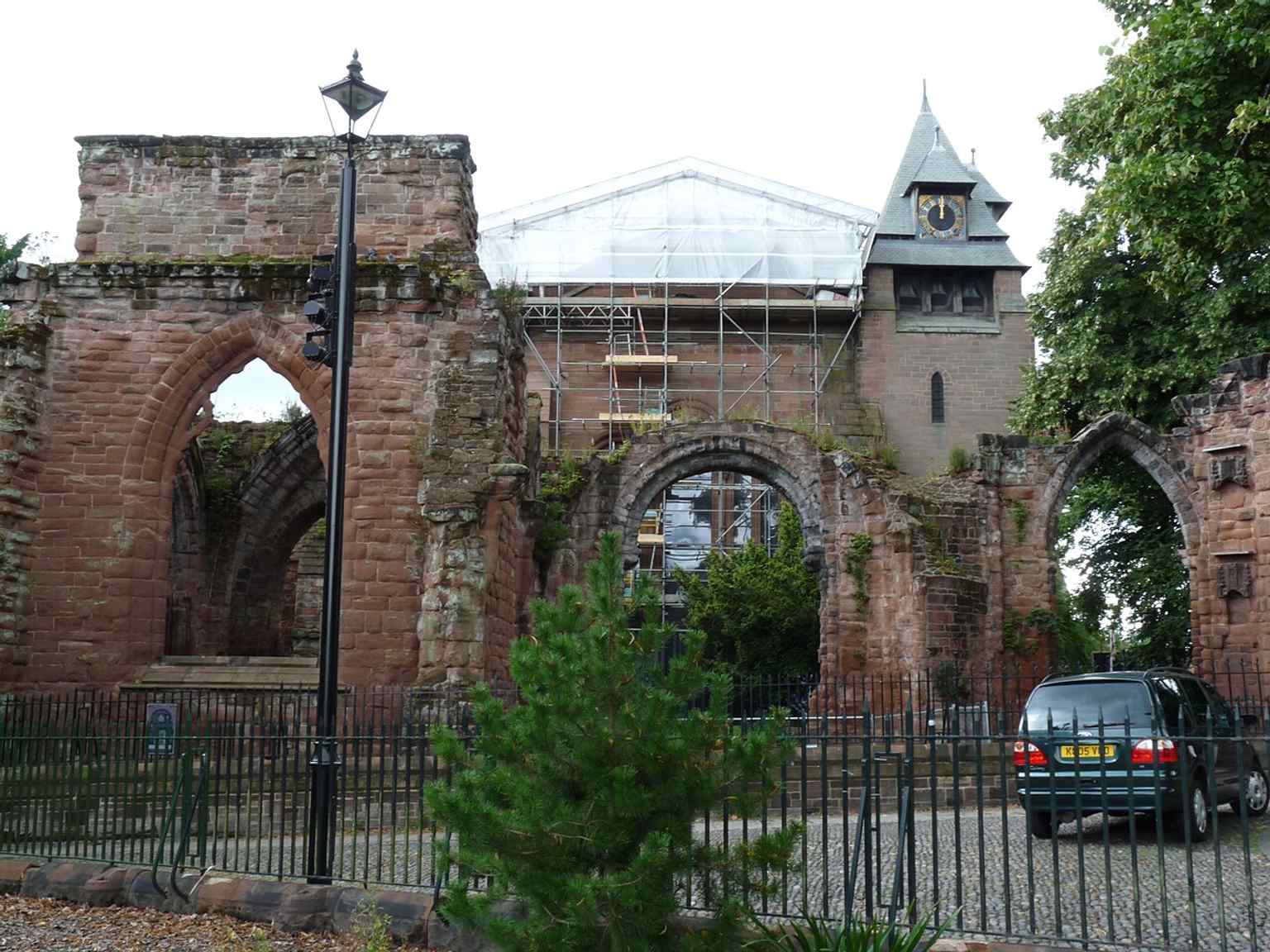 A close look at the former east end ruins, where the medieval building once continued much farther east before later collapse and demolition.