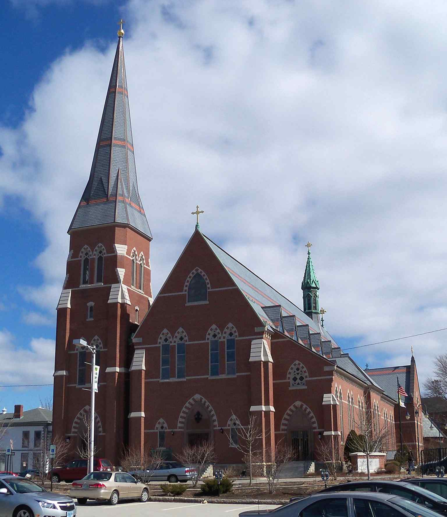 Front view of the cathedral’s Gothic facade in downtown Manchester, where St. Joseph’s parish became the diocese’s cathedral in 1884.