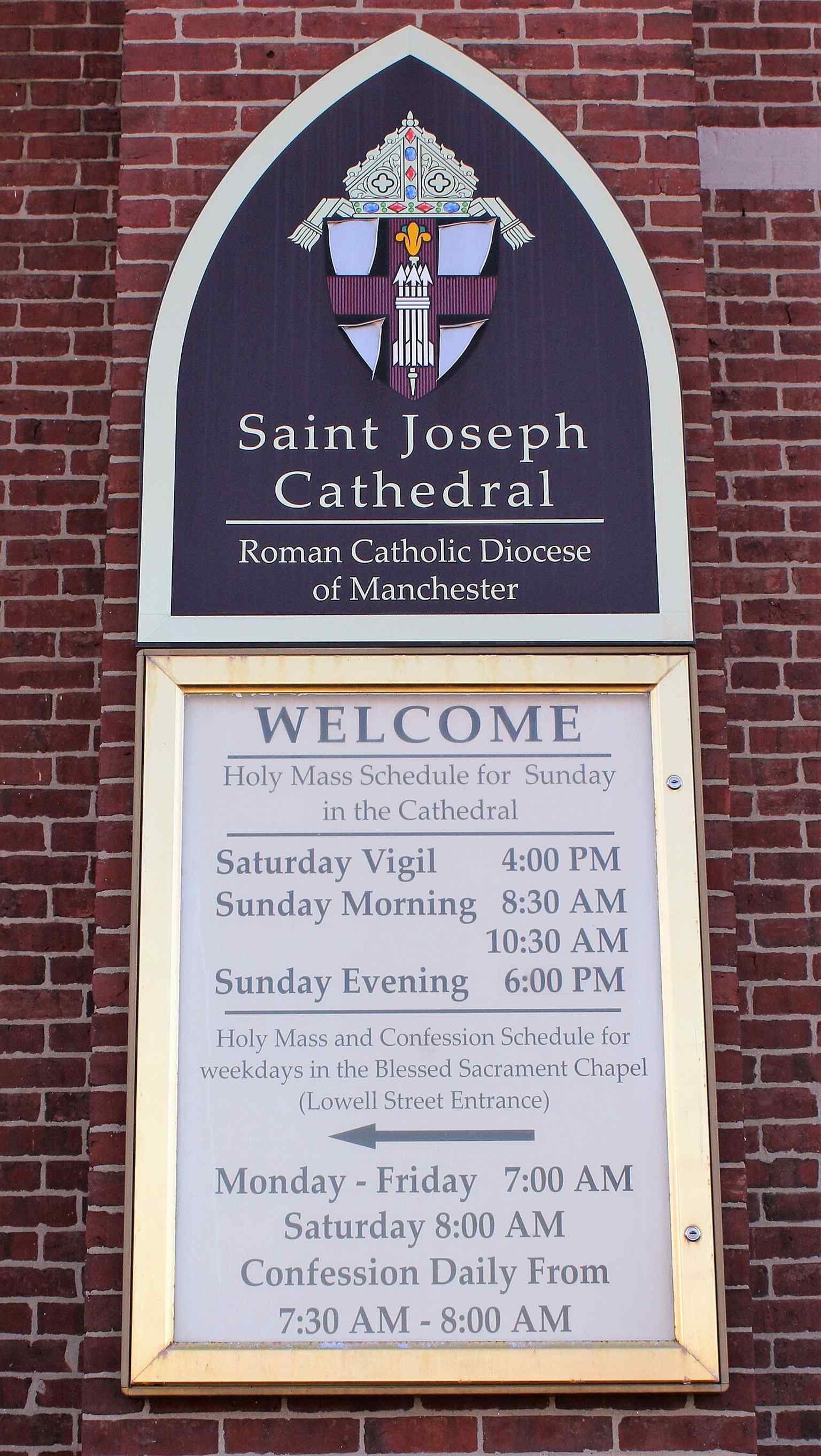 The cathedral sign on Pine Street helps place the church in the heart of Manchester’s downtown district.