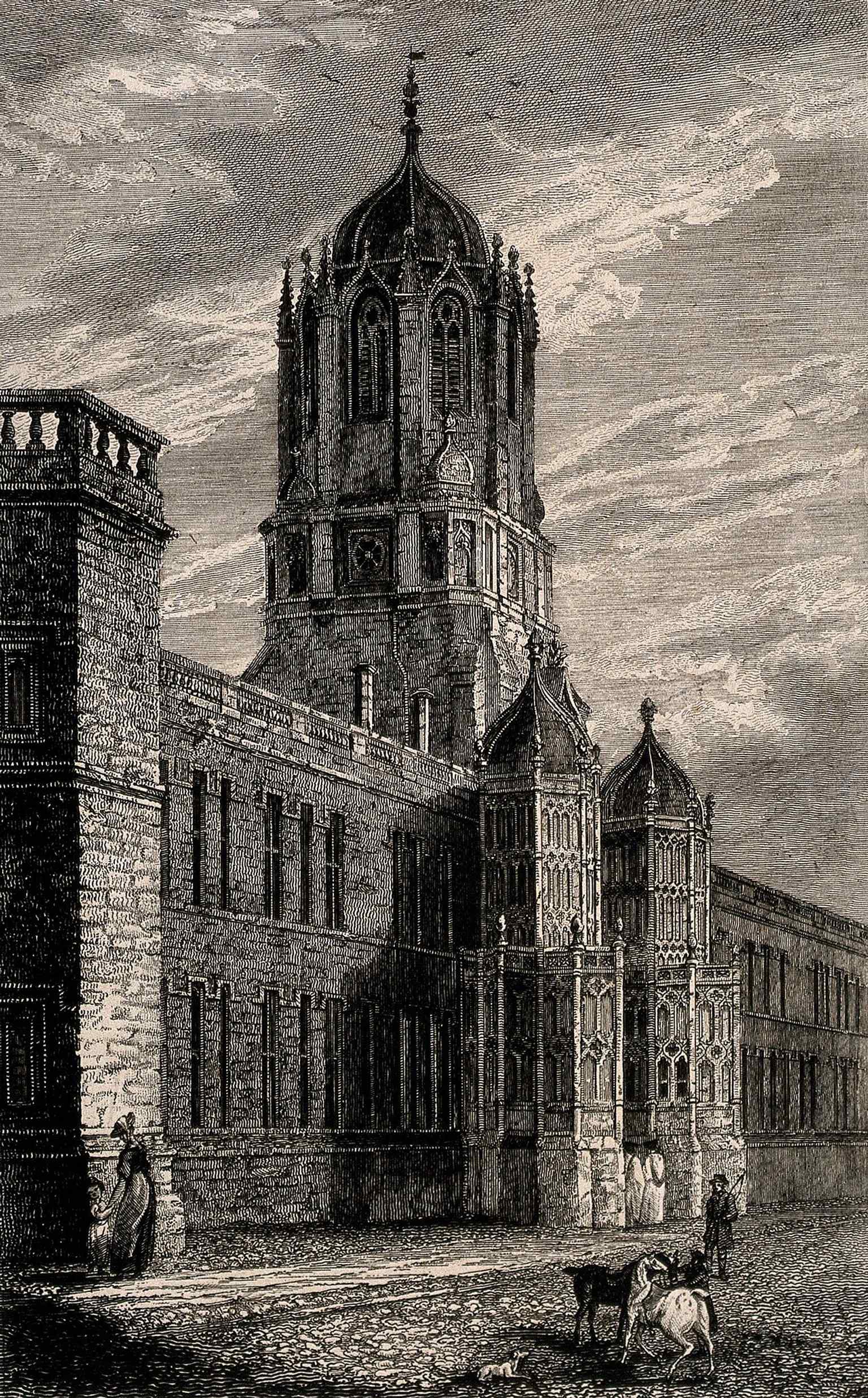 An 1825 etching of Tom Gate — showing Christ Church’s iconic entrance as it appeared in early 19th-century Oxford.