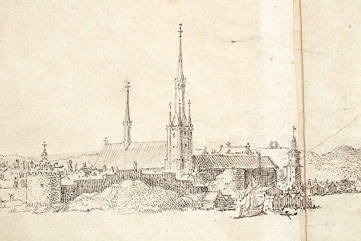 This 1630s drawing of Stockholm from Kungsklippan shows Riddarholm Church with its original tall wooden spire, which stood for over two centuries before being destroyed by fire.