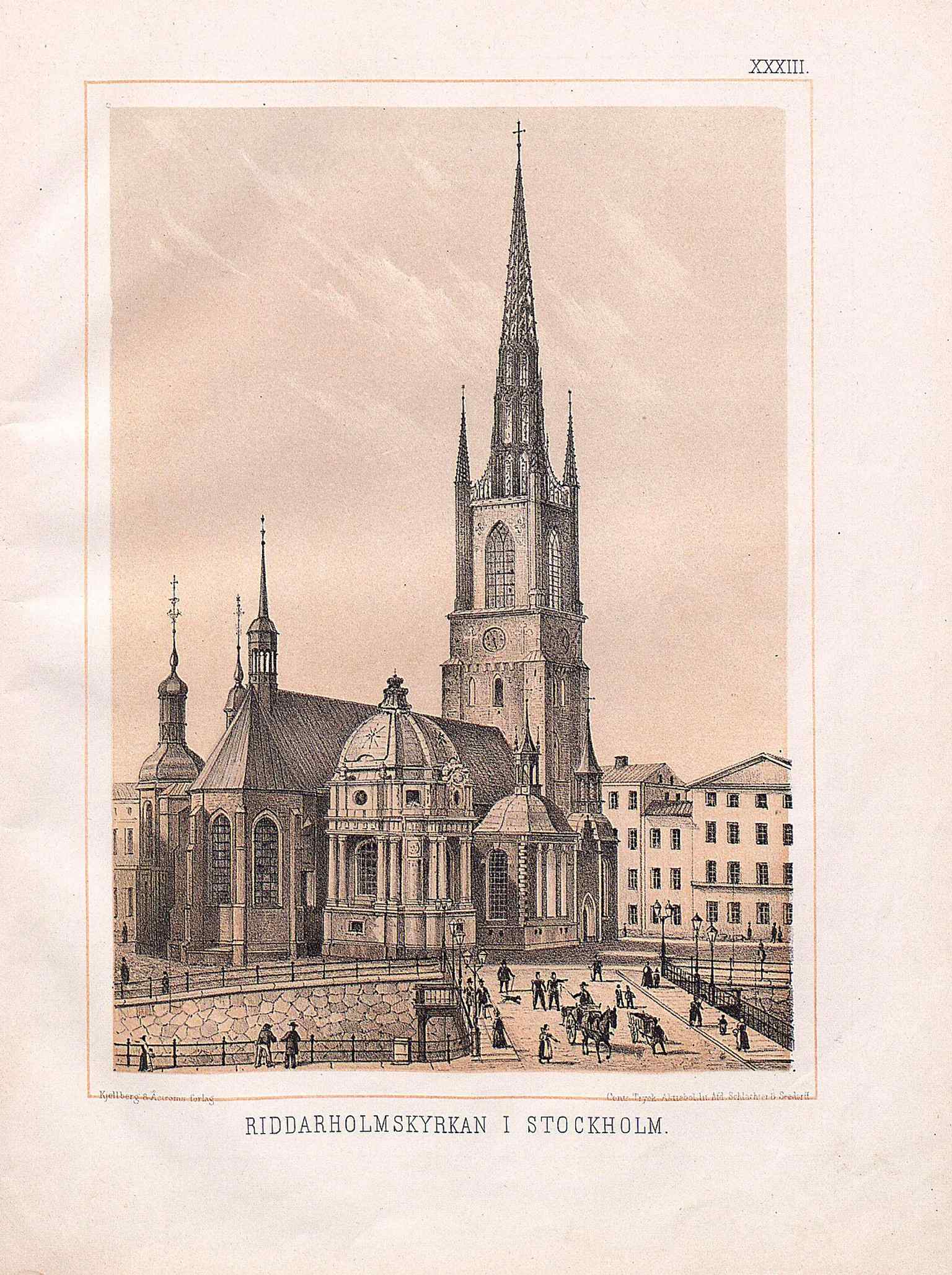A 1874 printed view of Riddarholmskyrkan, highlighting the church as a famous Stockholm landmark in older illustrated publications.