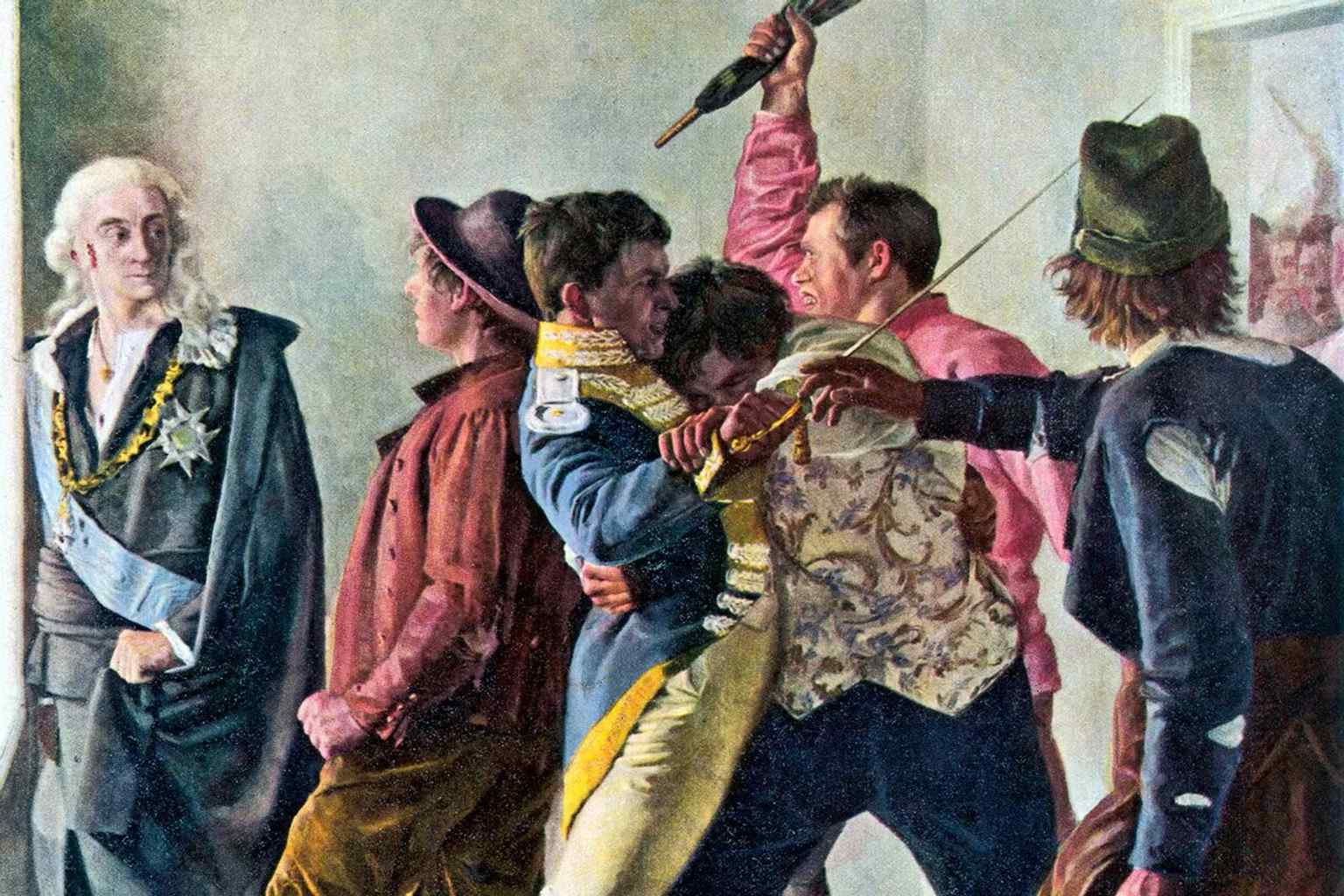 Axel von Fersen flees into the Hultgrenska house during the attack on 20 June 1810, one of the key moments in the murder story.