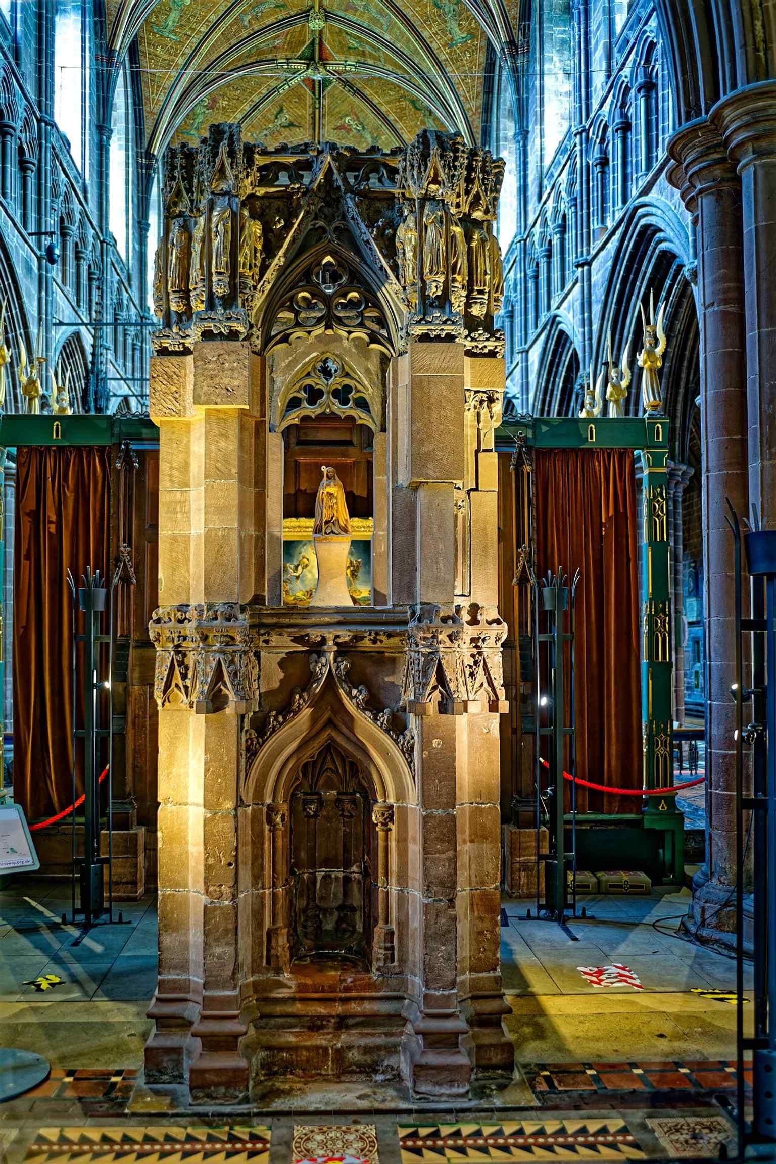 Saint Werburgh’s shrine was dismantled at the Reformation and later reassembled, making it a powerful reminder of the cathedral’s turbulent history.