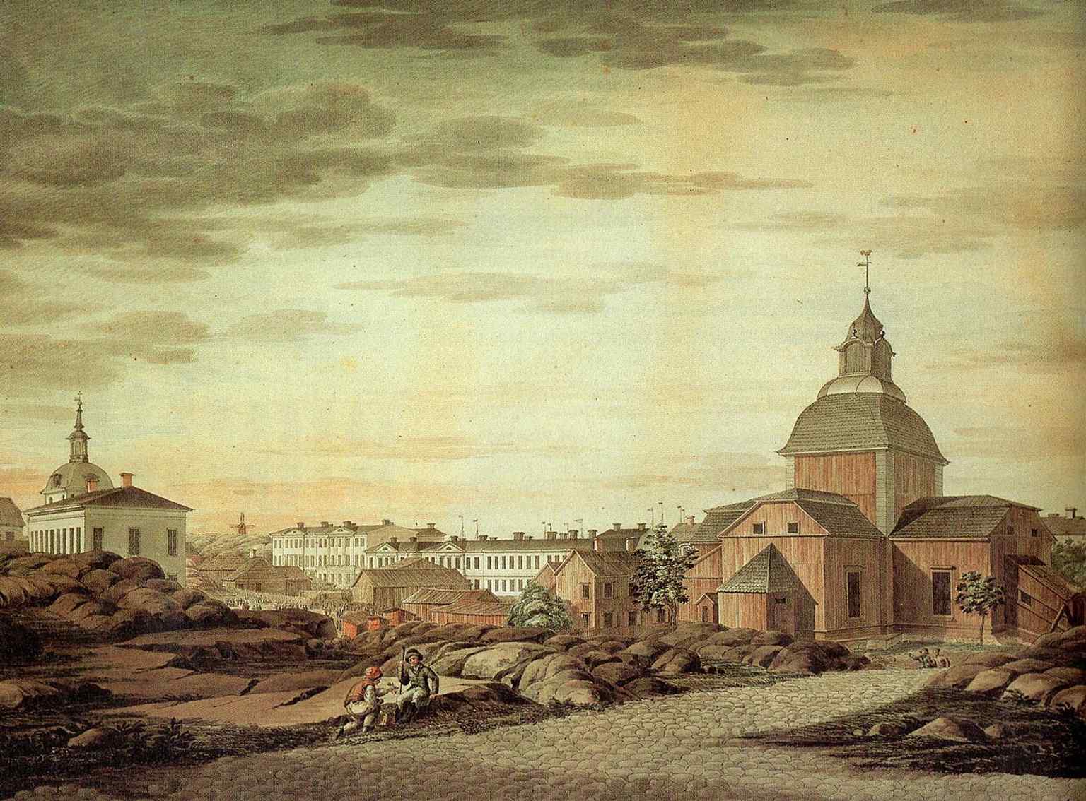 Engel’s 1816 watercolor shows the old market square before Senate Square was rebuilt, with Ulrika Eleonora Church and the early civic buildings that once stood here.