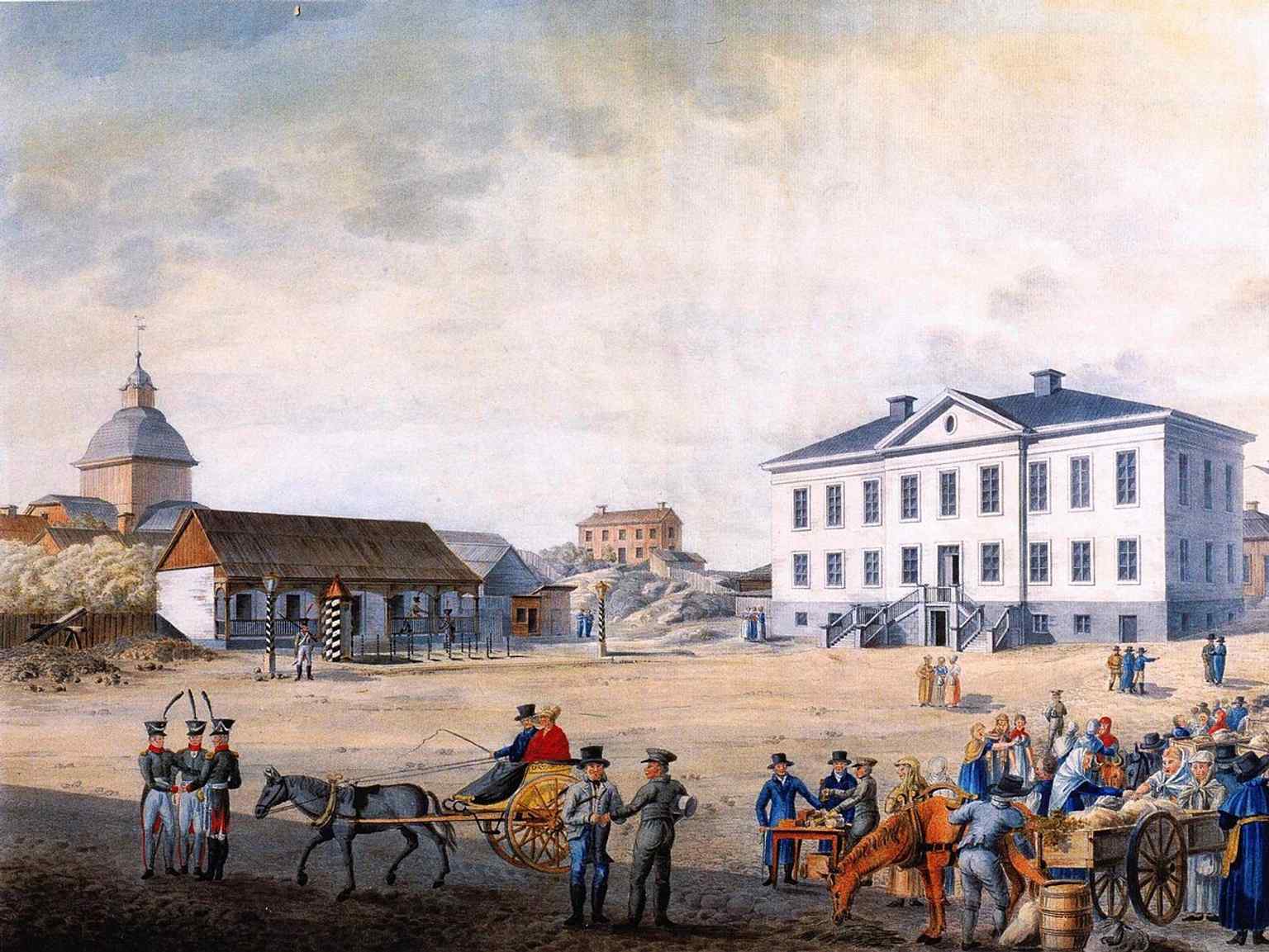 A historic view of the old Suurtori on the future Senate Square, showing the church, guardhouse, and town hall before the empire-style makeover.