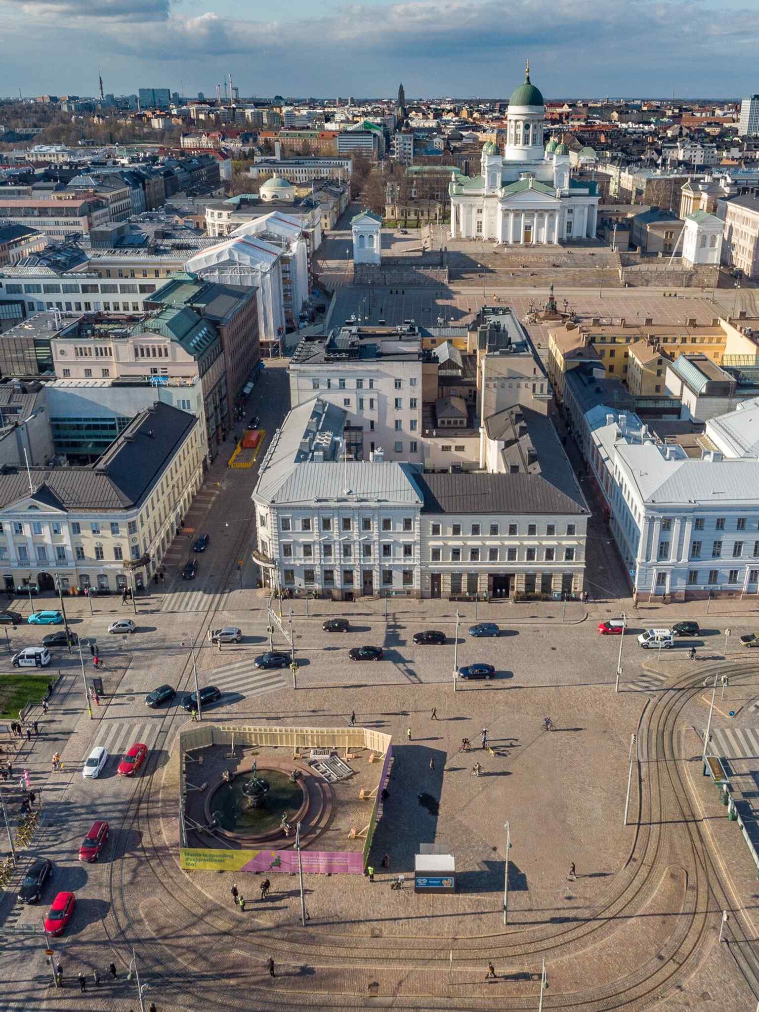 Aerial May Day eve view of Senate Square, showing how the square functions today as a public gathering place in the middle of central Helsinki.