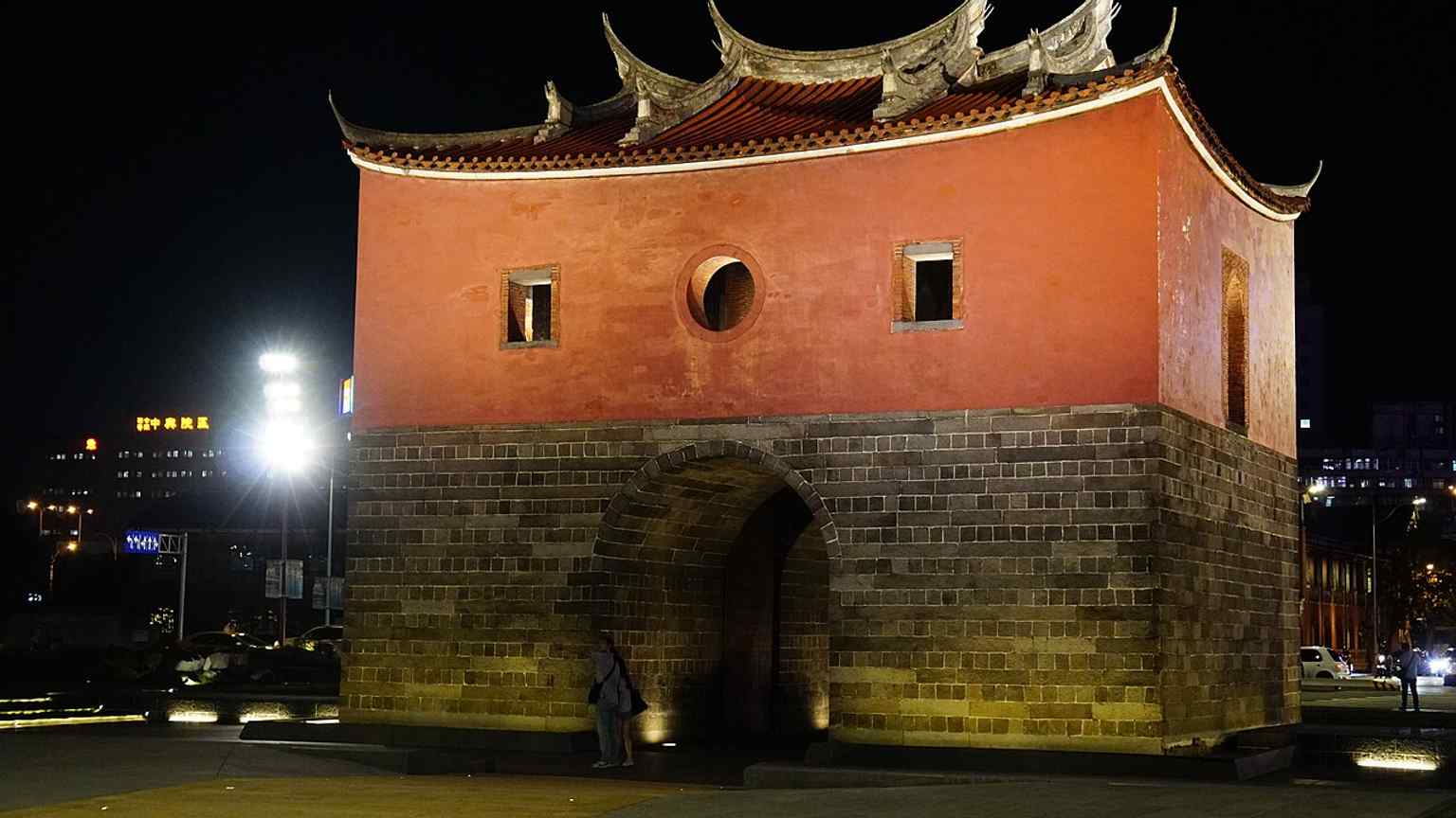Night view of Taipei City North Gate, showing the preserved Qing-era city gate standing as the old west side landmark of Taipei.
