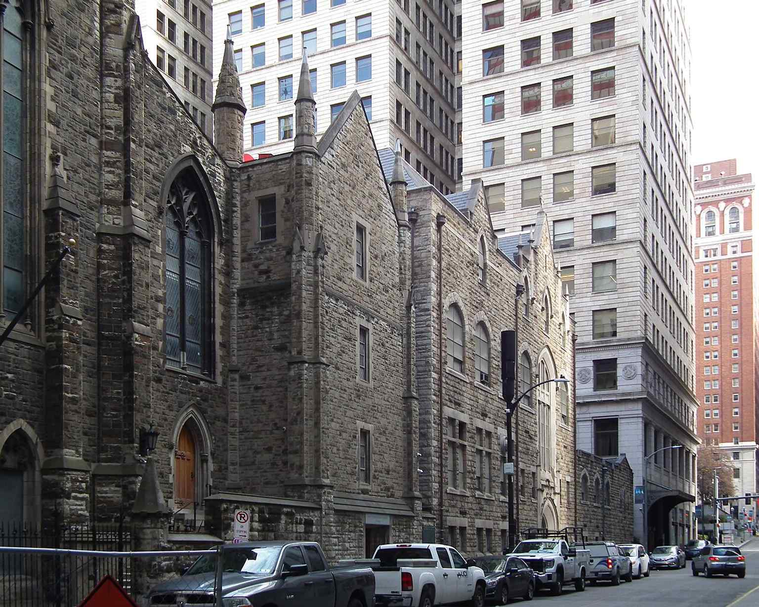 View of the rear of Trinity Cathedral, completed in 1872 on land originally deeded by William Penn's heirs, a site once sacred to Native Americans as a burial ground.