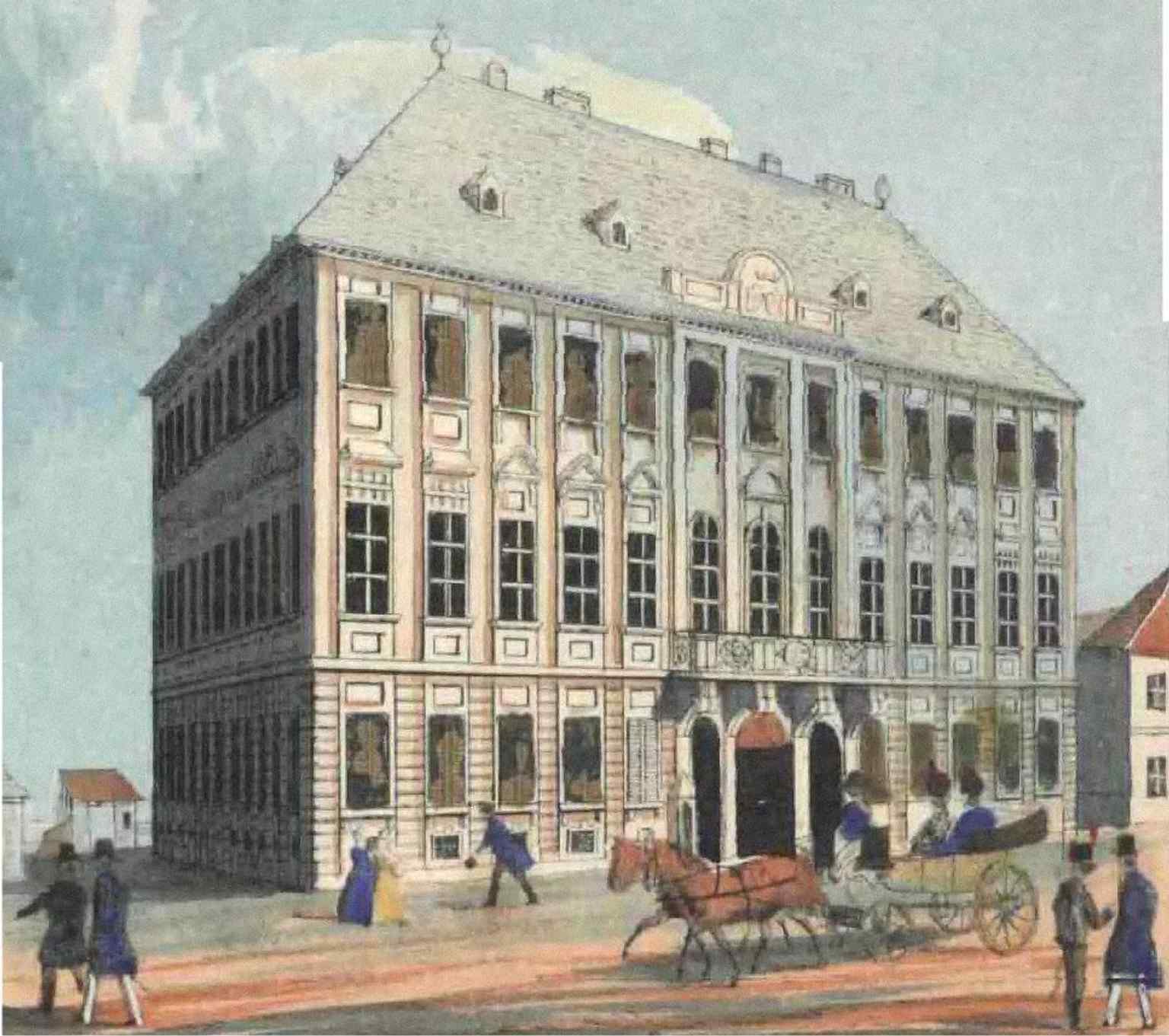 The 1837 lithograph shows the palace in its original Zopf style, built as a 12-apartment rental property by Teleki József between 1787-89, rather than a family residence.