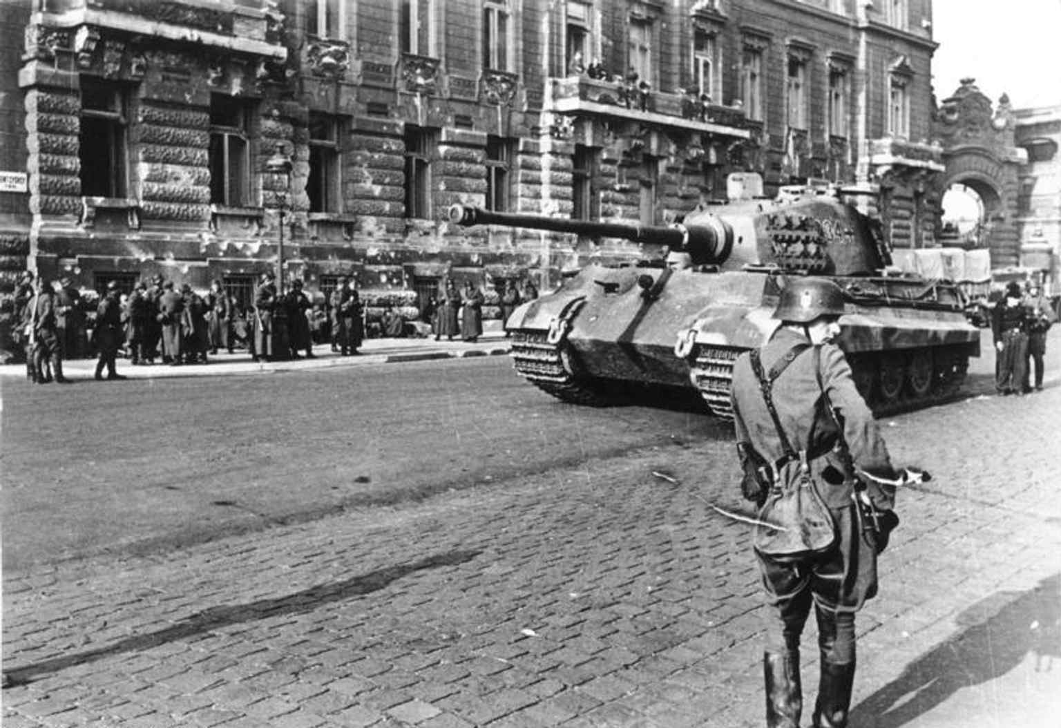 A German Panzer VI tank positioned in front of the Archduke Joseph Palace on October 15 or 16, 1944, during the critical moments when the Arrow Cross Party seized power.