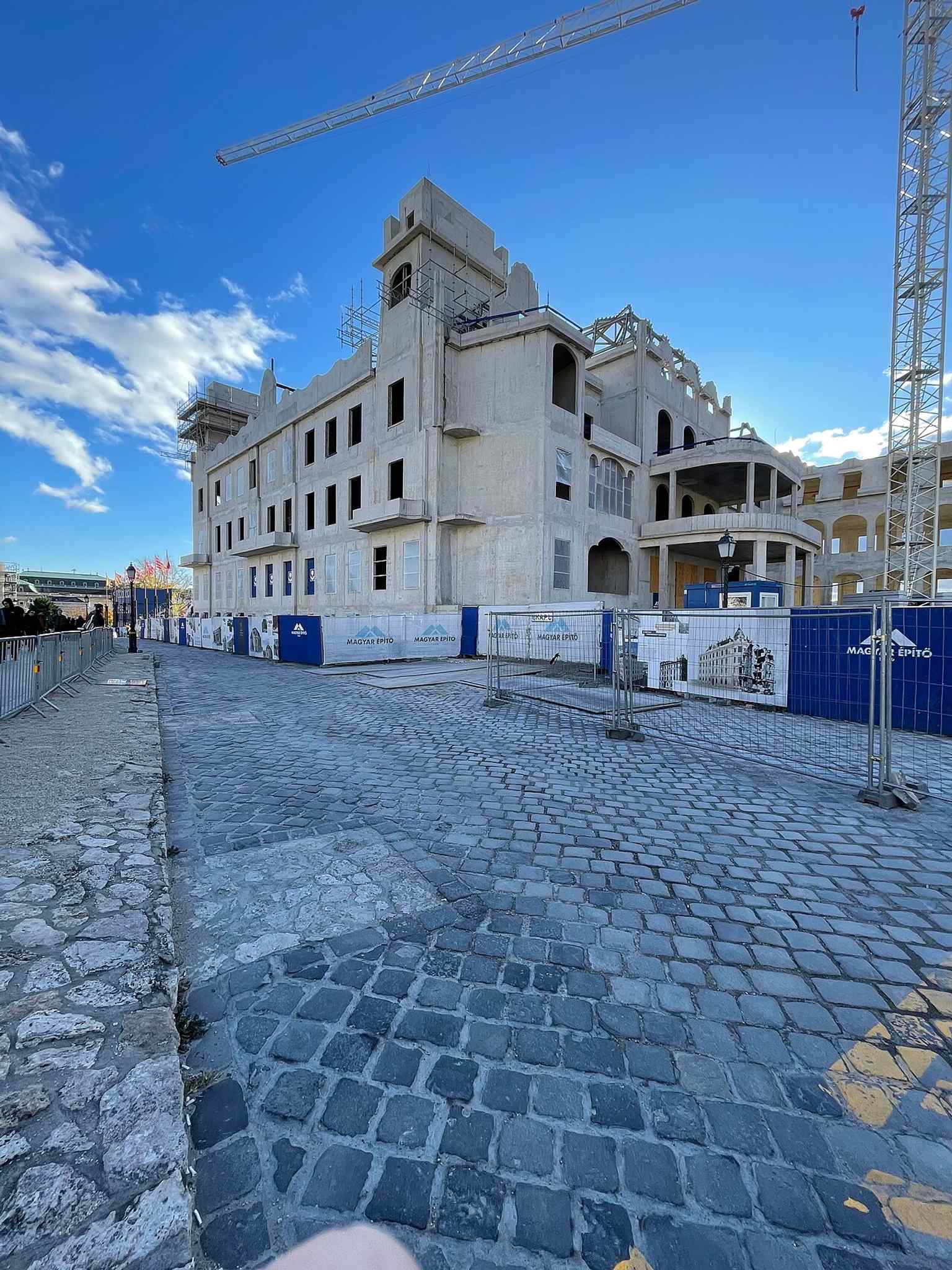 The ongoing reconstruction of Archduke Joseph's Palace in 2023, a significant project under the National Hauszmann Program, aiming to restore the building based on its 1902 appearance.