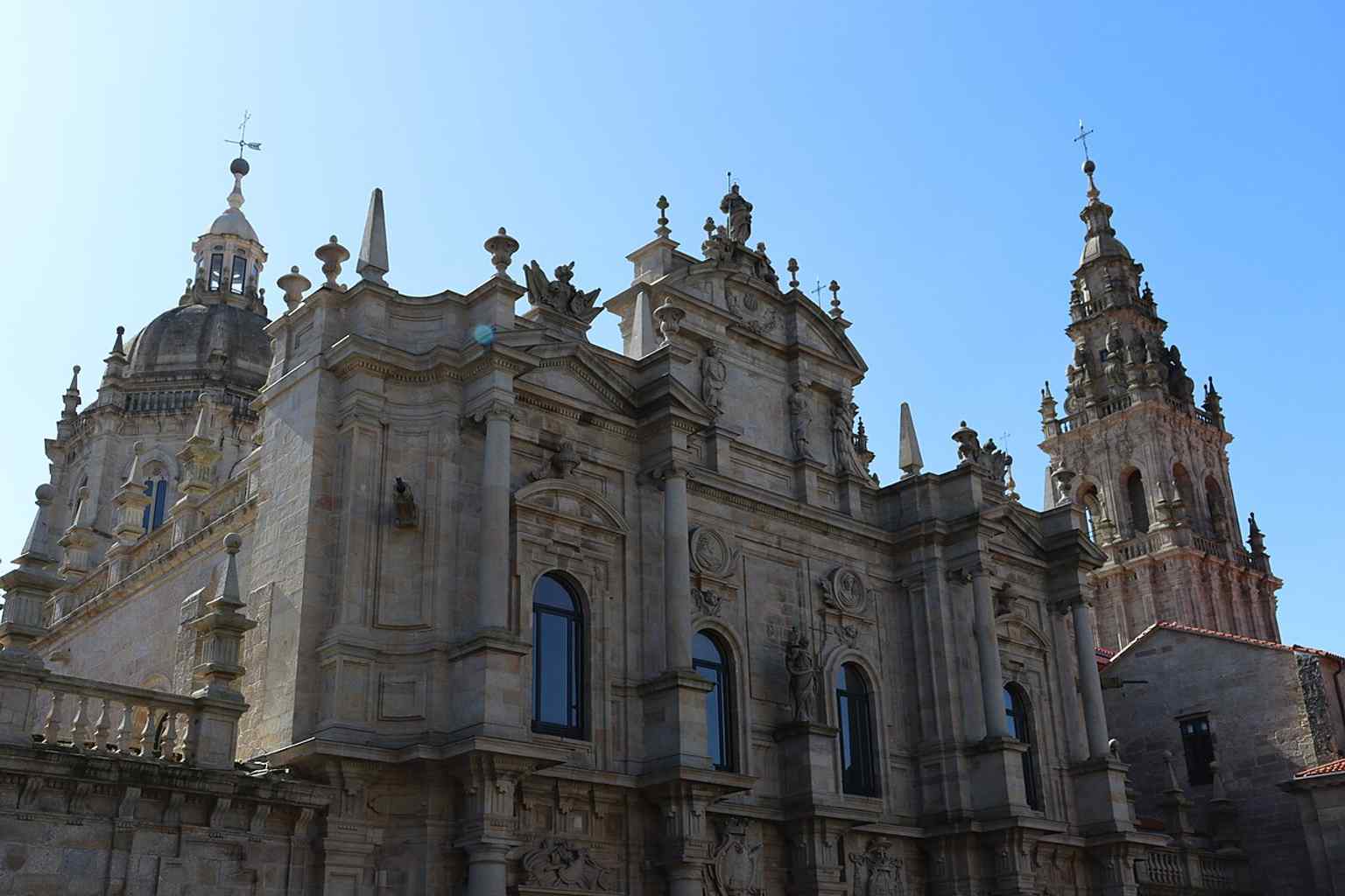 A comprehensive view of the Cathedral complex, a granite masterpiece declared a UNESCO World Heritage site in 1985, as the old city of Santiago de Compostela concentrates around it.