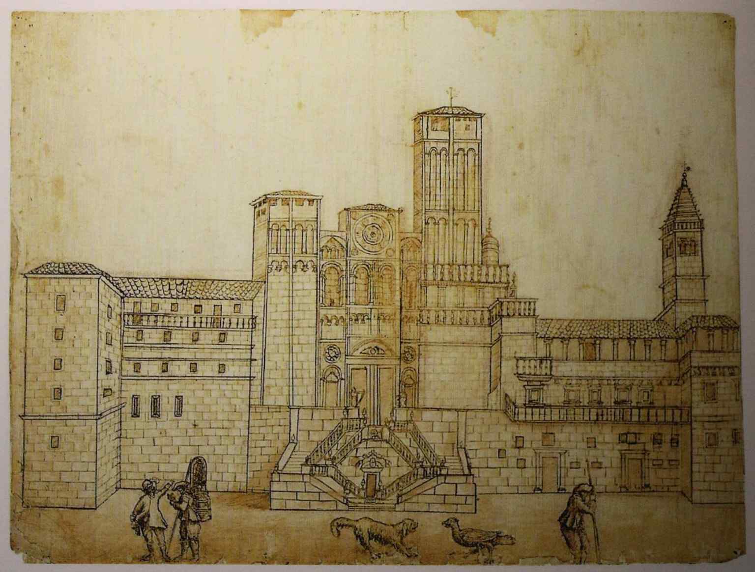 This 1657 drawing by José Vega y Verdugo depicts the original Romanesque western facade, which was later replaced by the current Baroque Obradoiro facade.