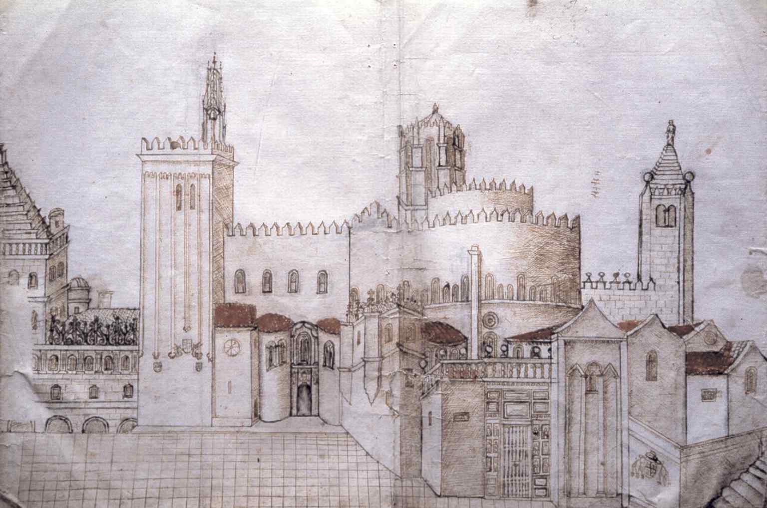 An etching from 1657 by José Vega y Verdugo, showing the cathedral from Quintana Square, where the Holy Door (Puerta Santa) opens only during Jubilee Years.