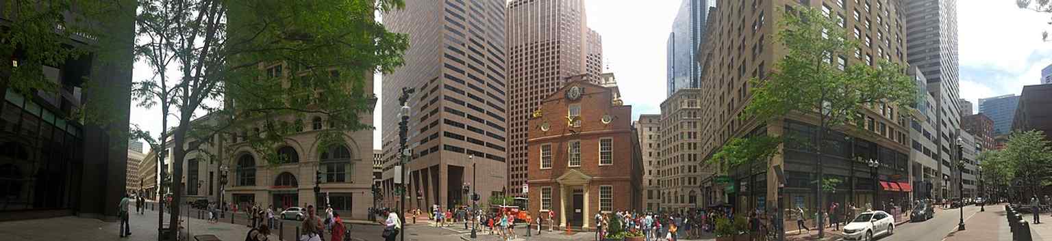A wide panorama that places the Old State House in the dense financial district, echoing its long life at the heart of Boston’s public square.
