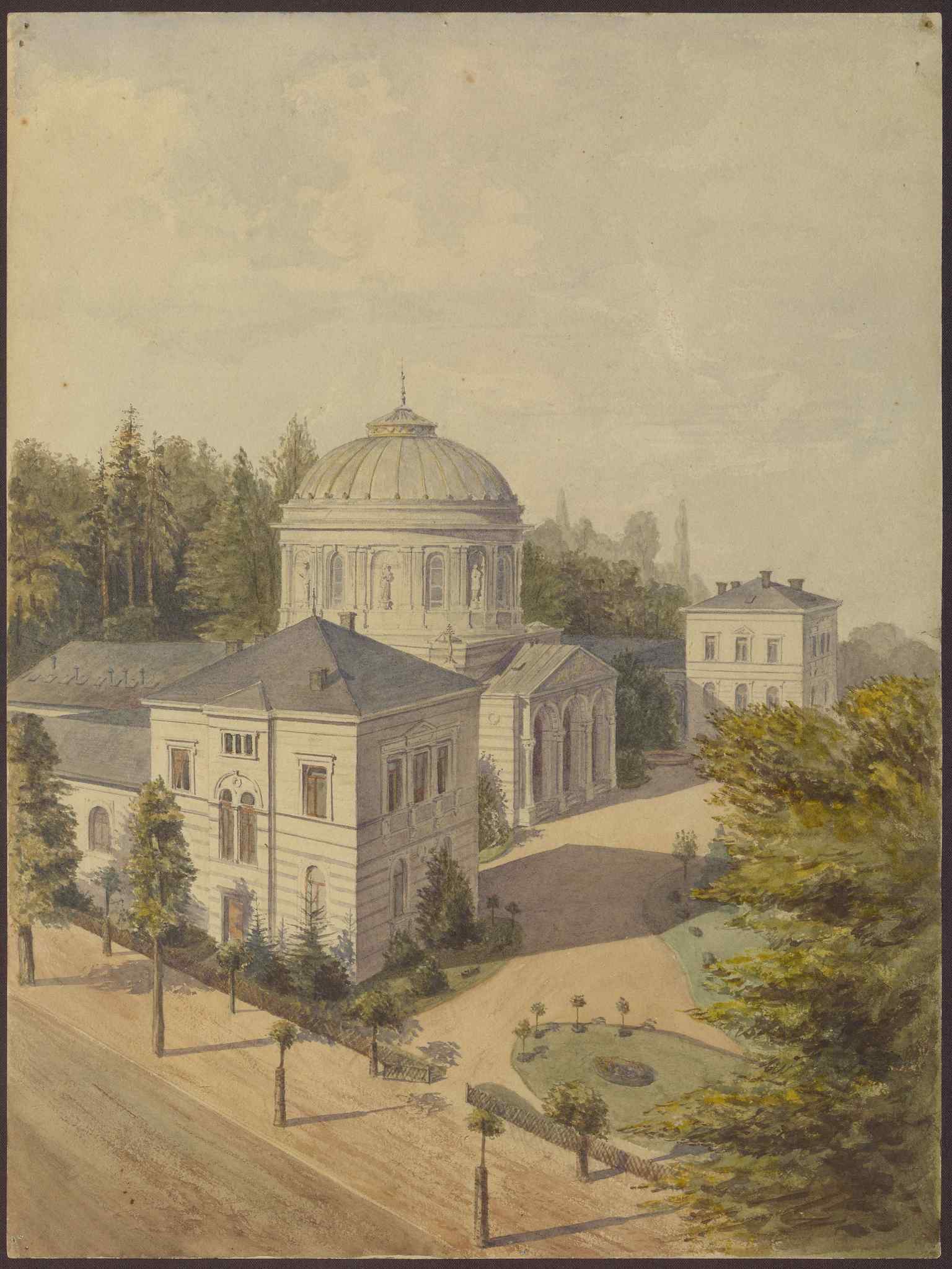 An early photograph of the Vierordtbad from its opening year in 1873, showcasing the original Neorenaissance design by Oberbaudirektor Josef Durm.