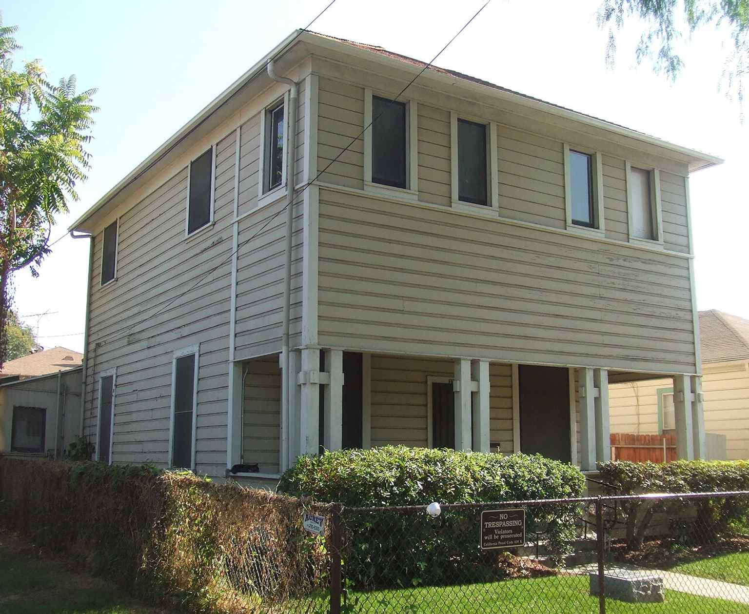 The Harada House’s two-story shiplap exterior in Riverside, a National Historic Landmark tied to the landmark California v. Harada case.