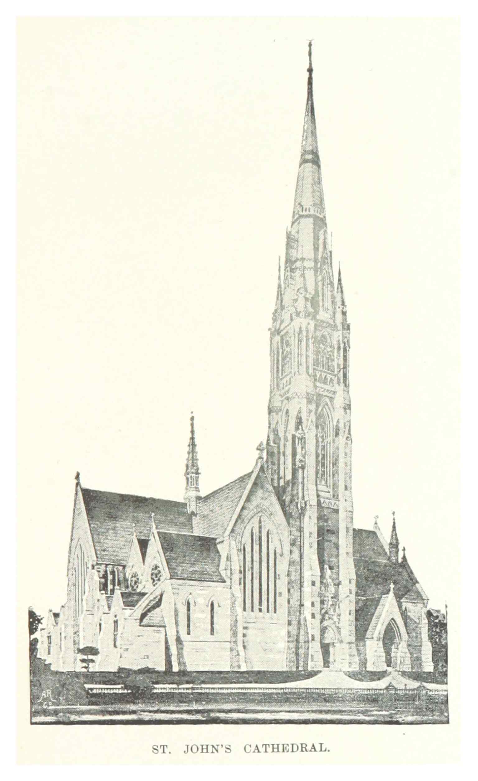 A historical depiction of St. John's Cathedral from 1890, showing the building after its full completion in 1861 and prior to its reconsecration in 1894.