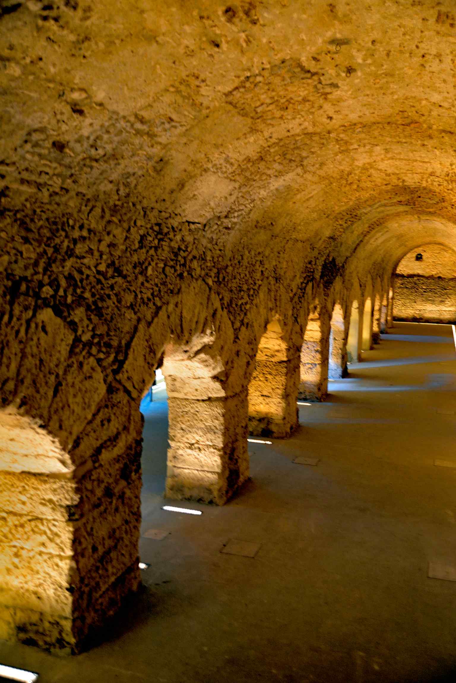 This image showcases the two naves of the cryptoporticus, featuring the impressive travertine pillars and arches that support the vaults, as described in the ancient texts.