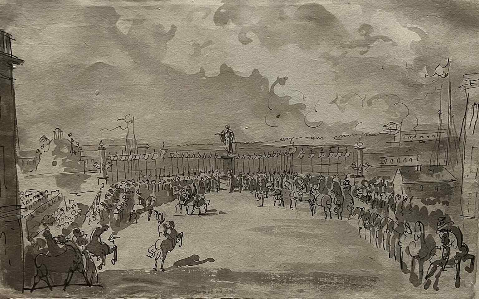 This 1808 drawing documents the unveiling of Sergel’s statue of Gustav III, the monument at Skeppsbrons northern end.